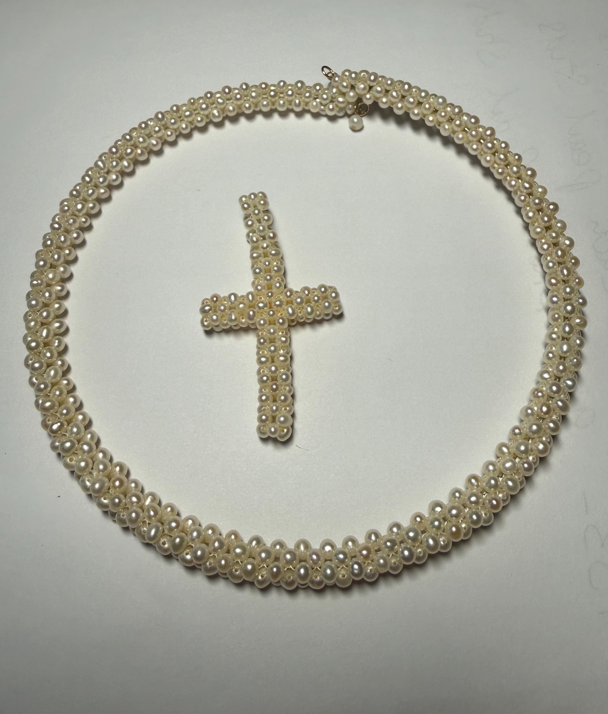 Freshwater Pearl Woven Choker with Detachable Cross - 14ct - N114