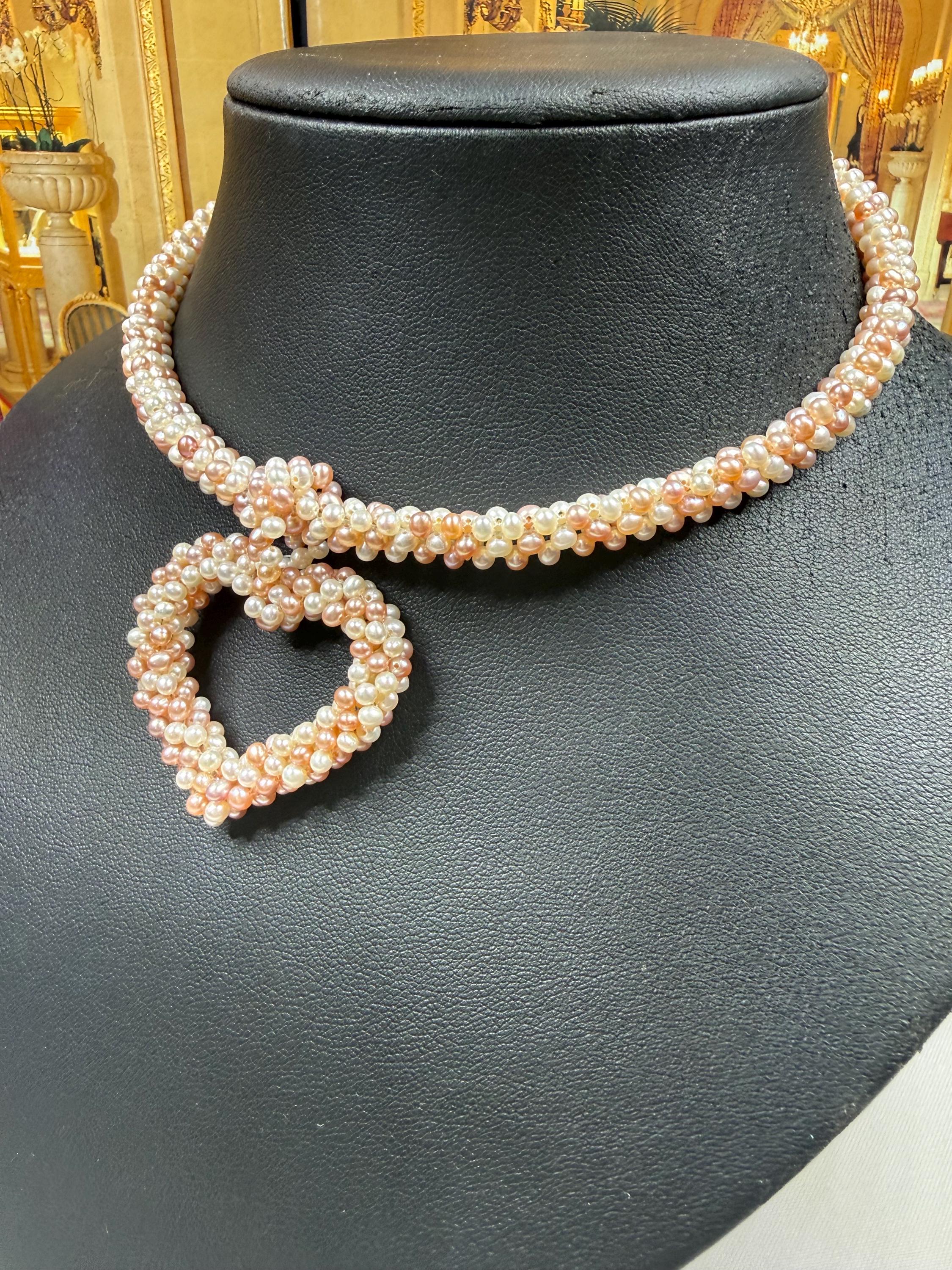New Woven Pink Freshwater Pearl Heart Collar Necklace - N116
