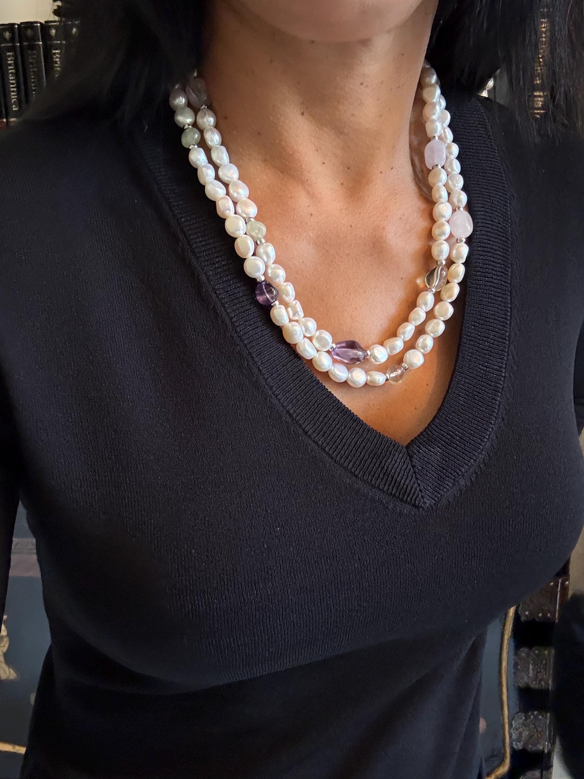 Cultured Pearl Rope Necklace, Amethyst, Rose Quartz, Peridot, Clear Quartz, 40 Inch