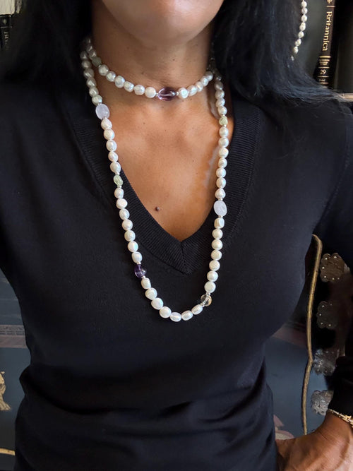 Cultured Pearl Rope Necklace, Amethyst, Rose Quartz, Peridot, Clear Quartz, 40 Inch