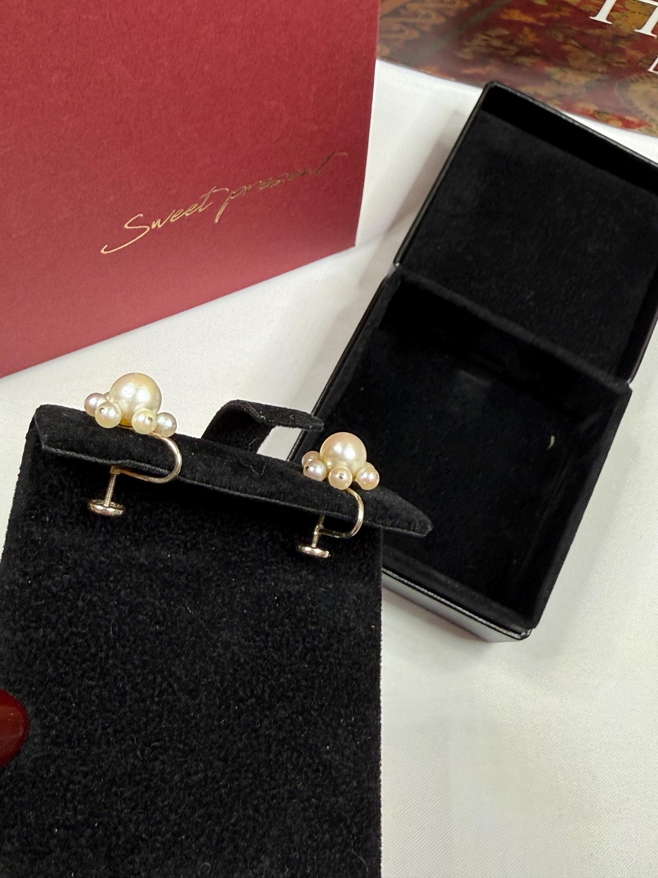 Vintage 1950’s  14ct Gold Daisy Akoya Pearl Earrings For Non-Pierced Ears  E-061