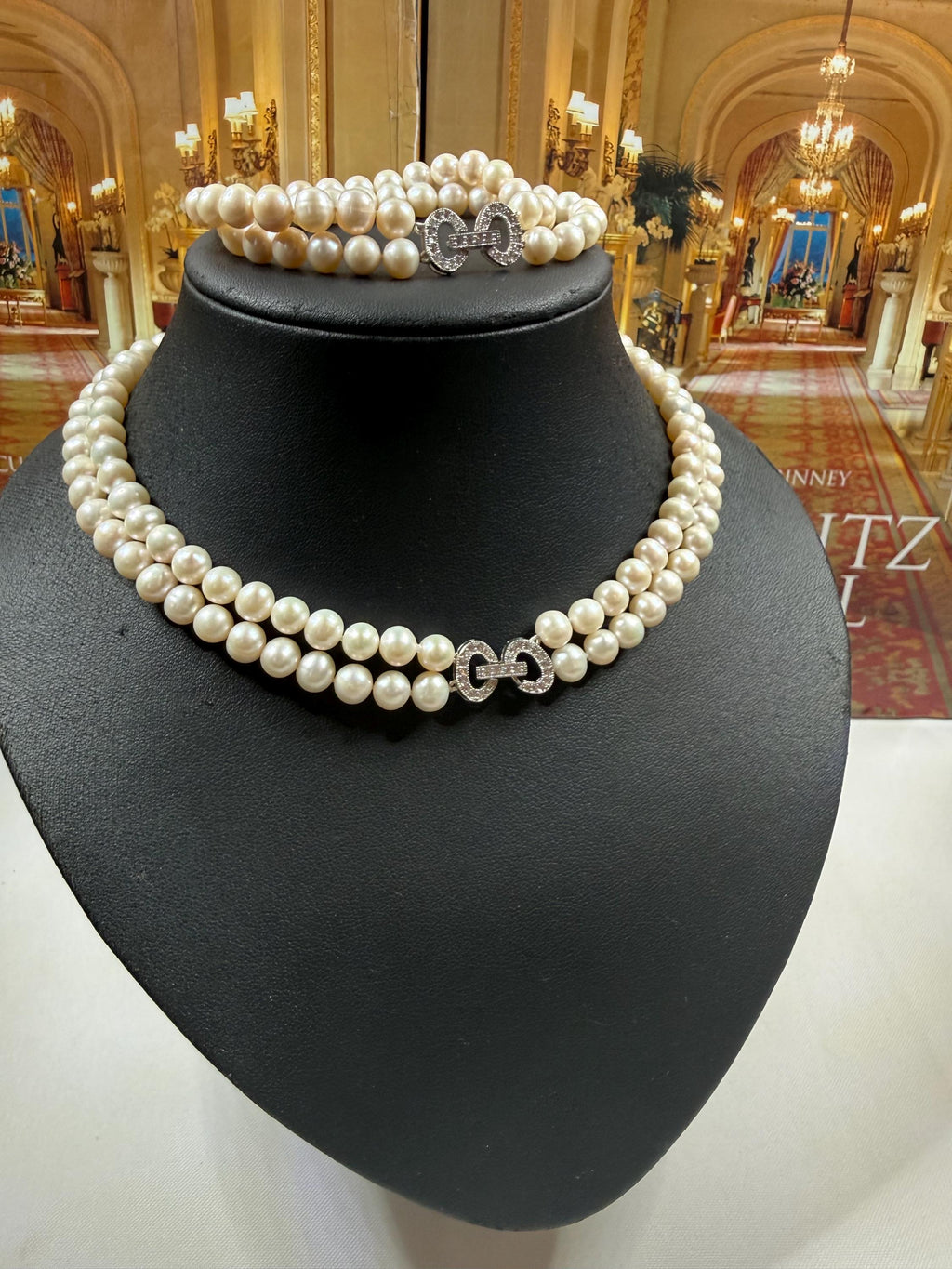 Freshwater Pearl Necklace Bracelet Set - Silver Cubic Zirconia Bow Clasp