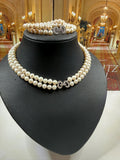 Freshwater Pearl Necklace Bracelet Set - Silver Cubic Zirconia Bow Clasp