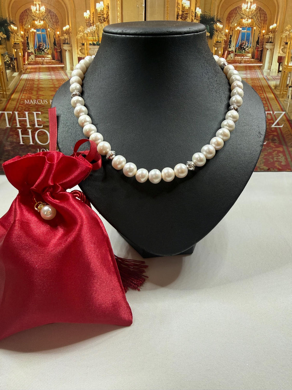 Real Cultured 10mm Pearl Necklace w Silver Cubic Zirconia Spacers - N141