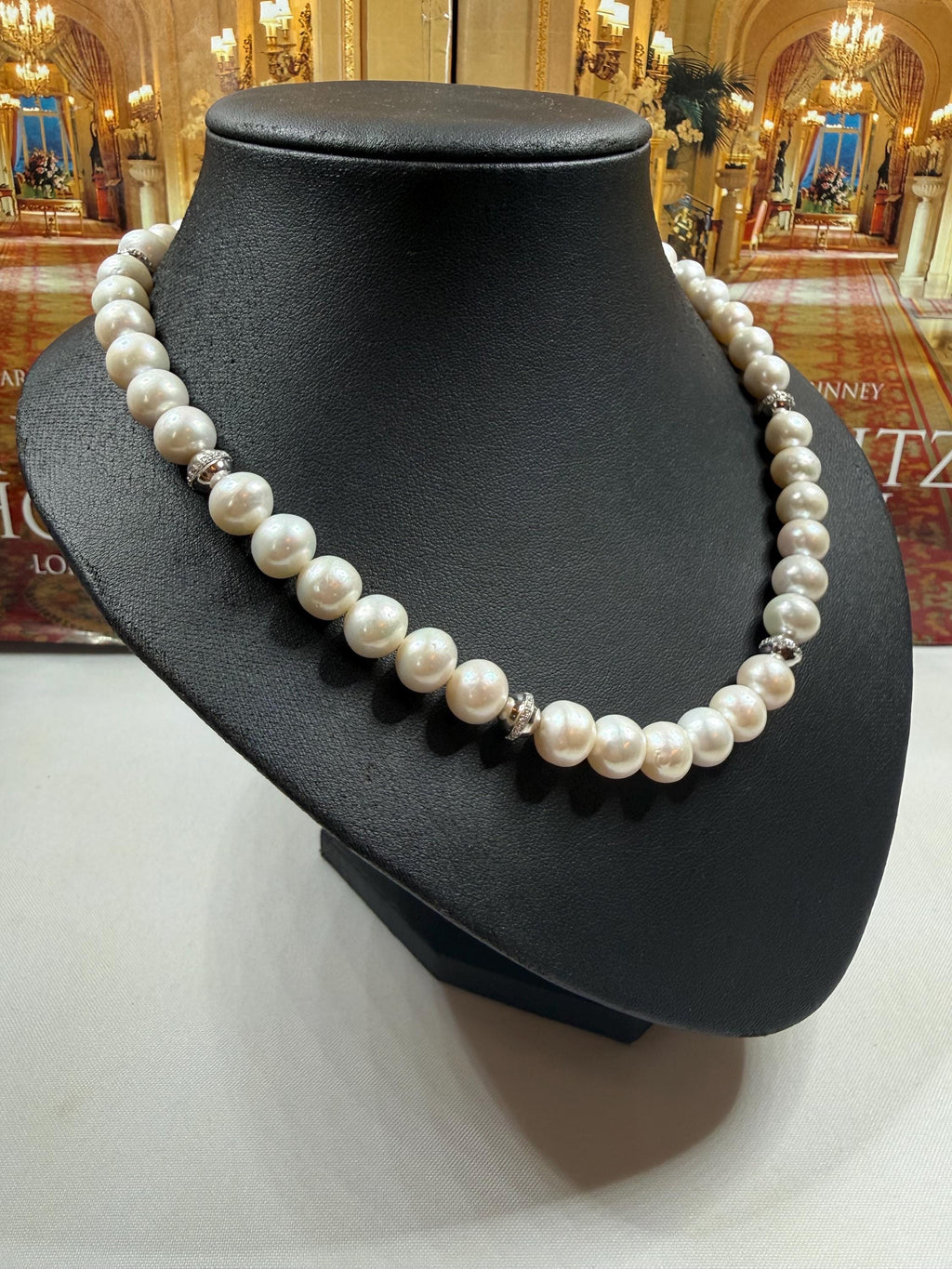 Real Cultured 10mm Pearl Necklace w Silver Cubic Zirconia Spacers - N141