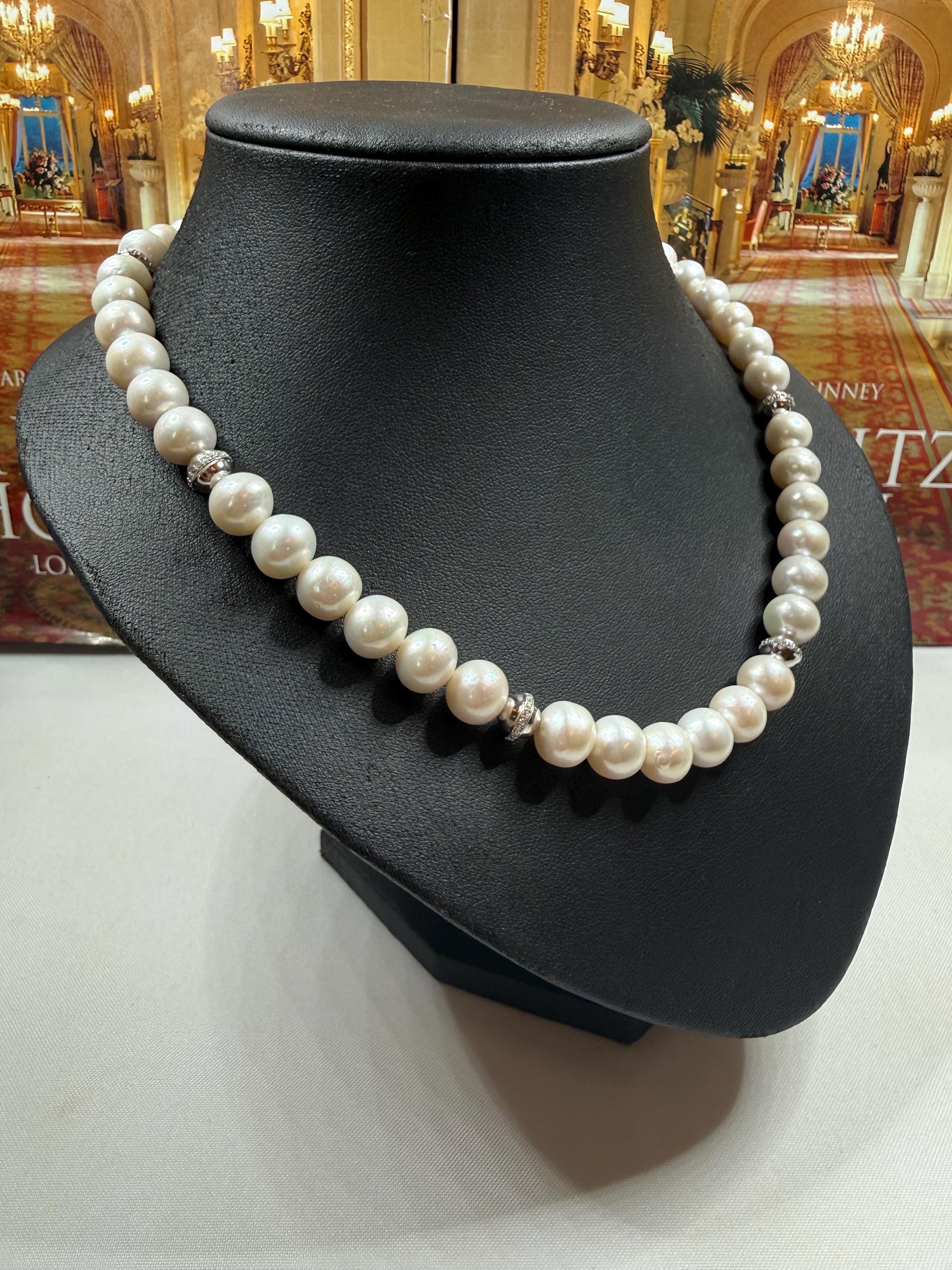 Real Cultured 10mm Pearl Necklace w Silver Cubic Zirconia Spacers - N141