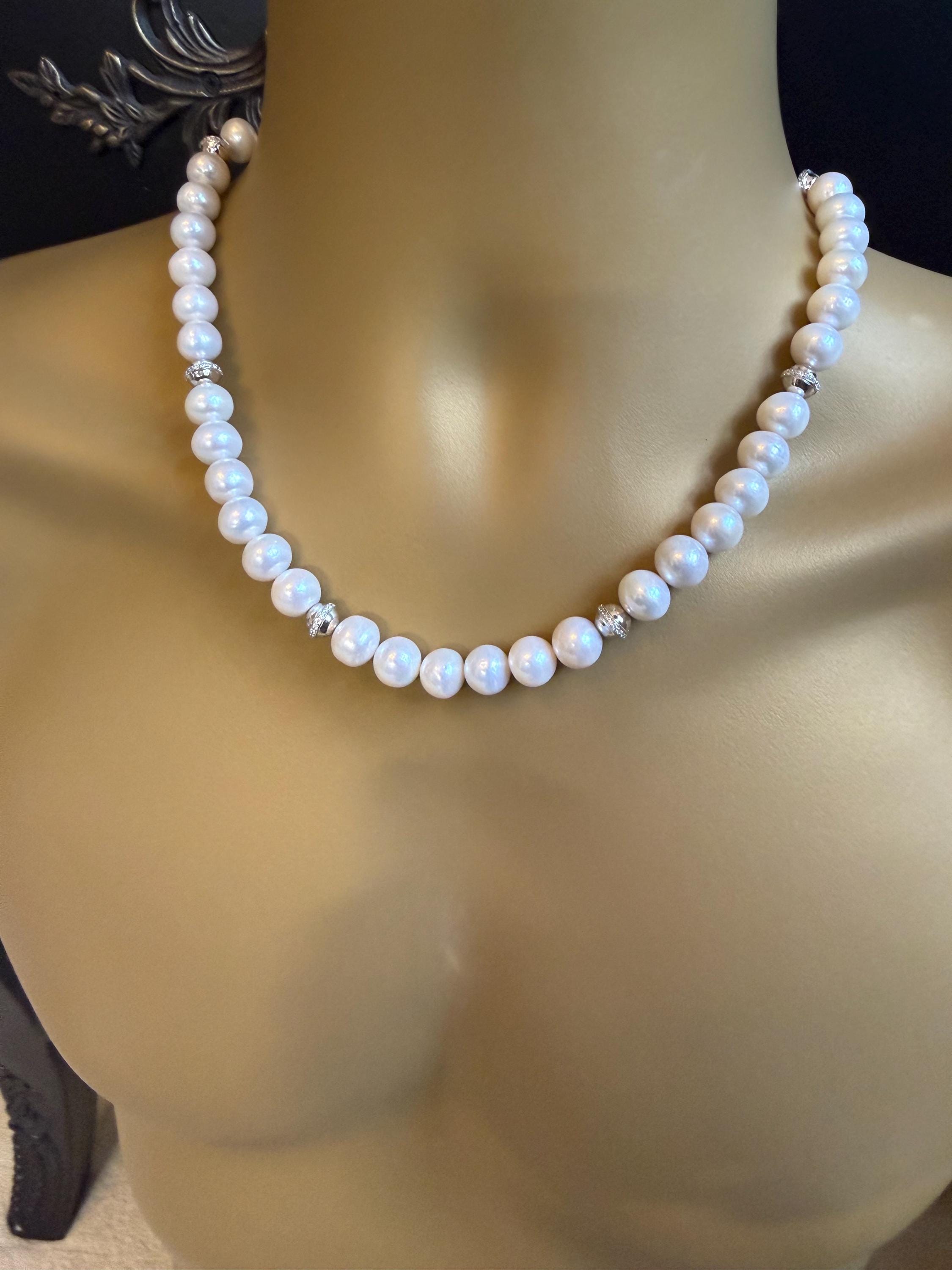 Real Cultured 10mm Pearl Necklace w Silver Cubic Zirconia Spacers - N141