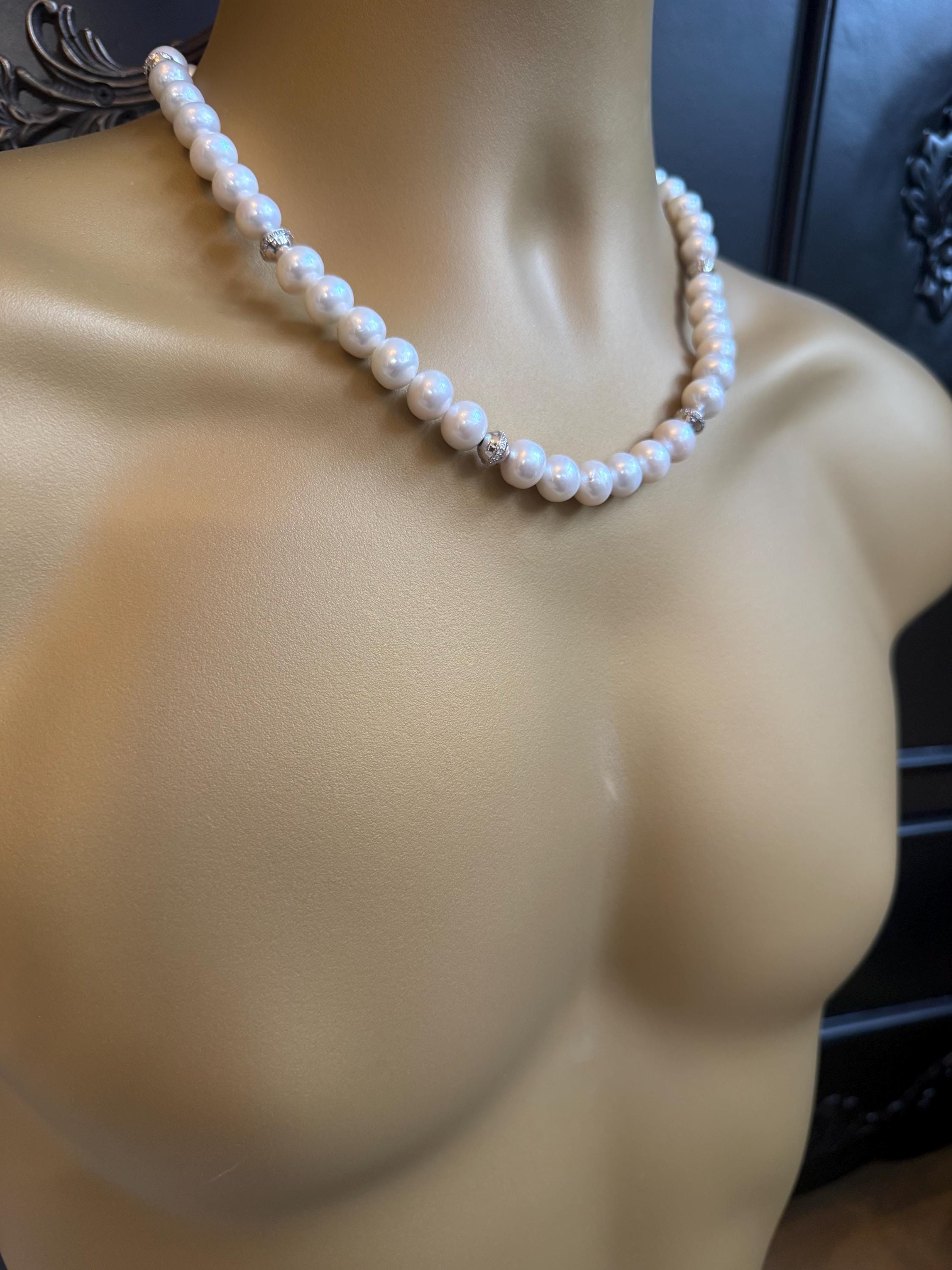 Real Cultured 10mm Pearl Necklace w Silver Cubic Zirconia Spacers - N141