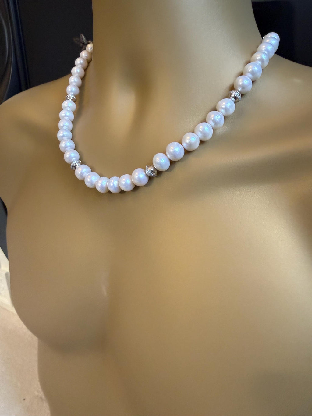 Real Cultured 10mm Pearl Necklace w Silver Cubic Zirconia Spacers - N141
