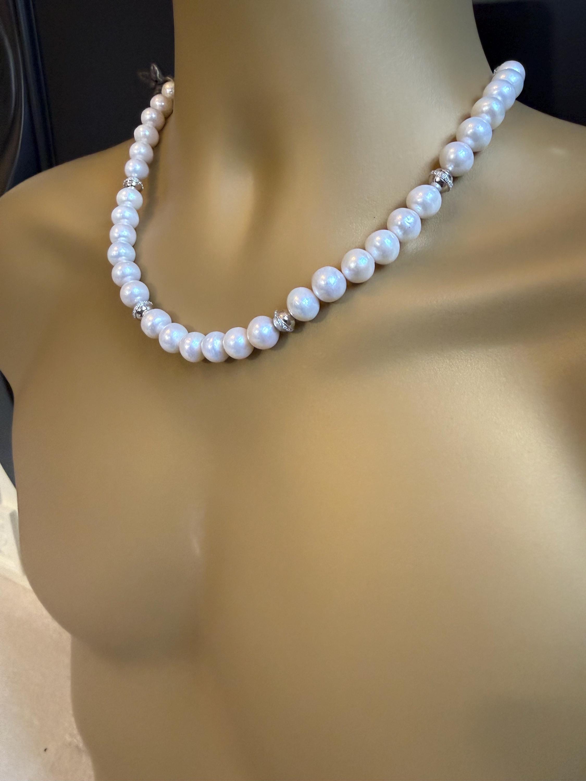 Real Cultured 10mm Pearl Necklace w Silver Cubic Zirconia Spacers - N141