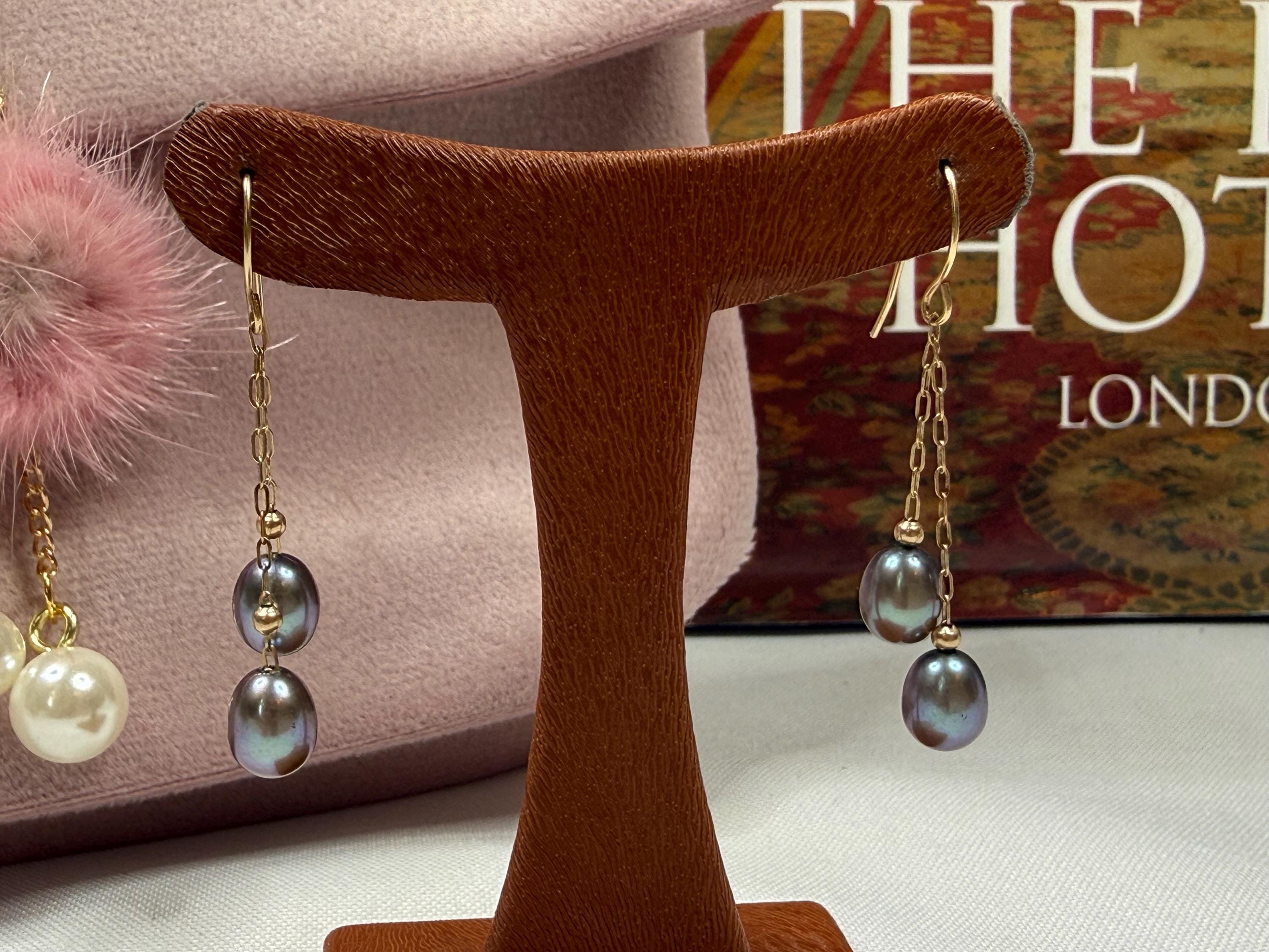 14ct Yellow Gold Grey Fresh Water Pearl Dangle Drop Earrings - E-150