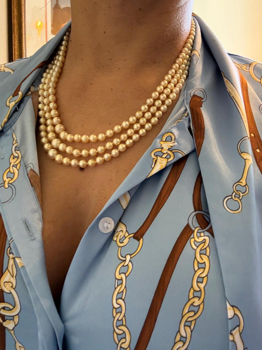 Vintage 1960s Triple Strand Akoya Pearl Necklace – 9ct Gold Citrine Clasp - N139