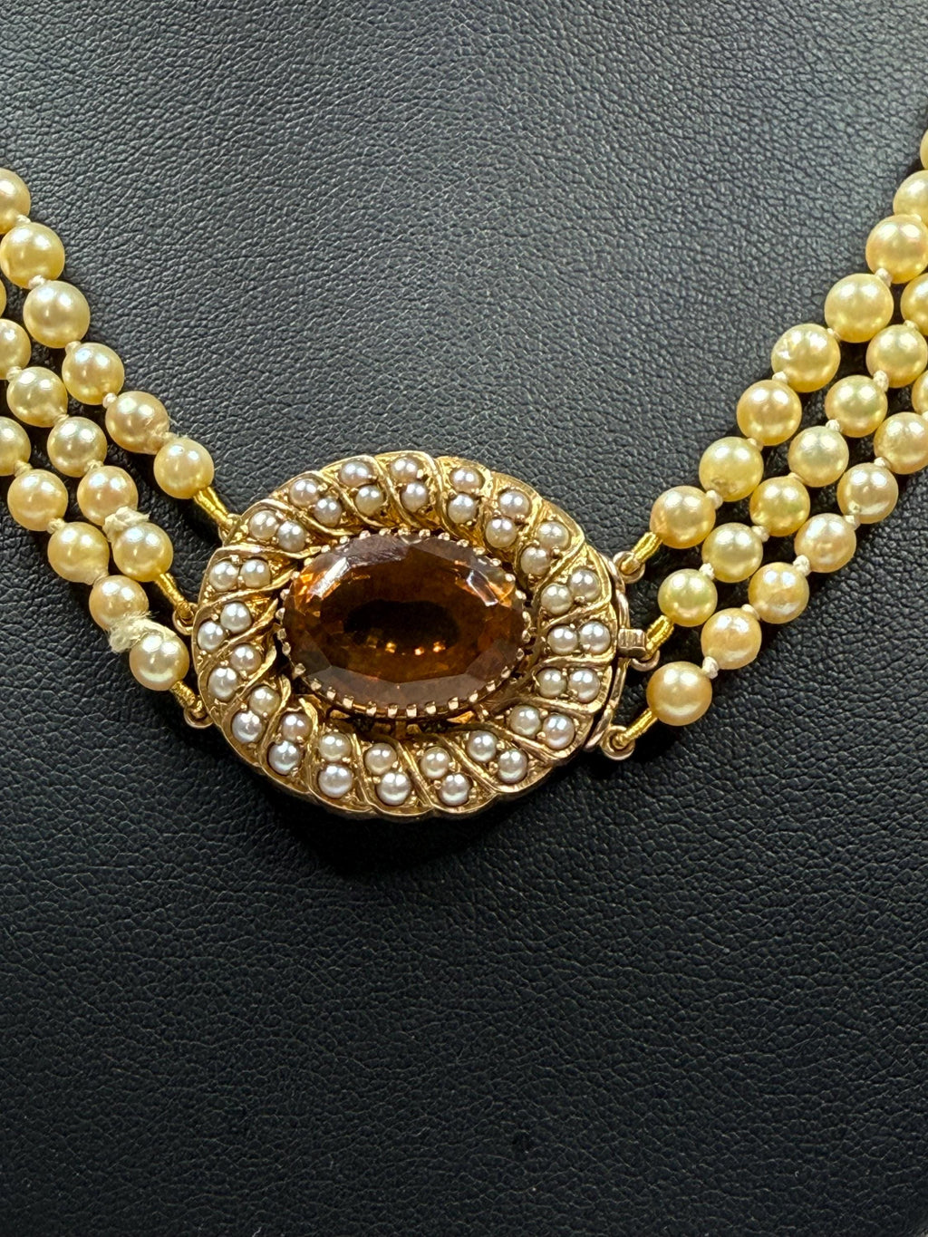 Vintage 1960s Triple Strand Akoya Pearl Necklace – 9ct Gold Citrine Clasp - N139