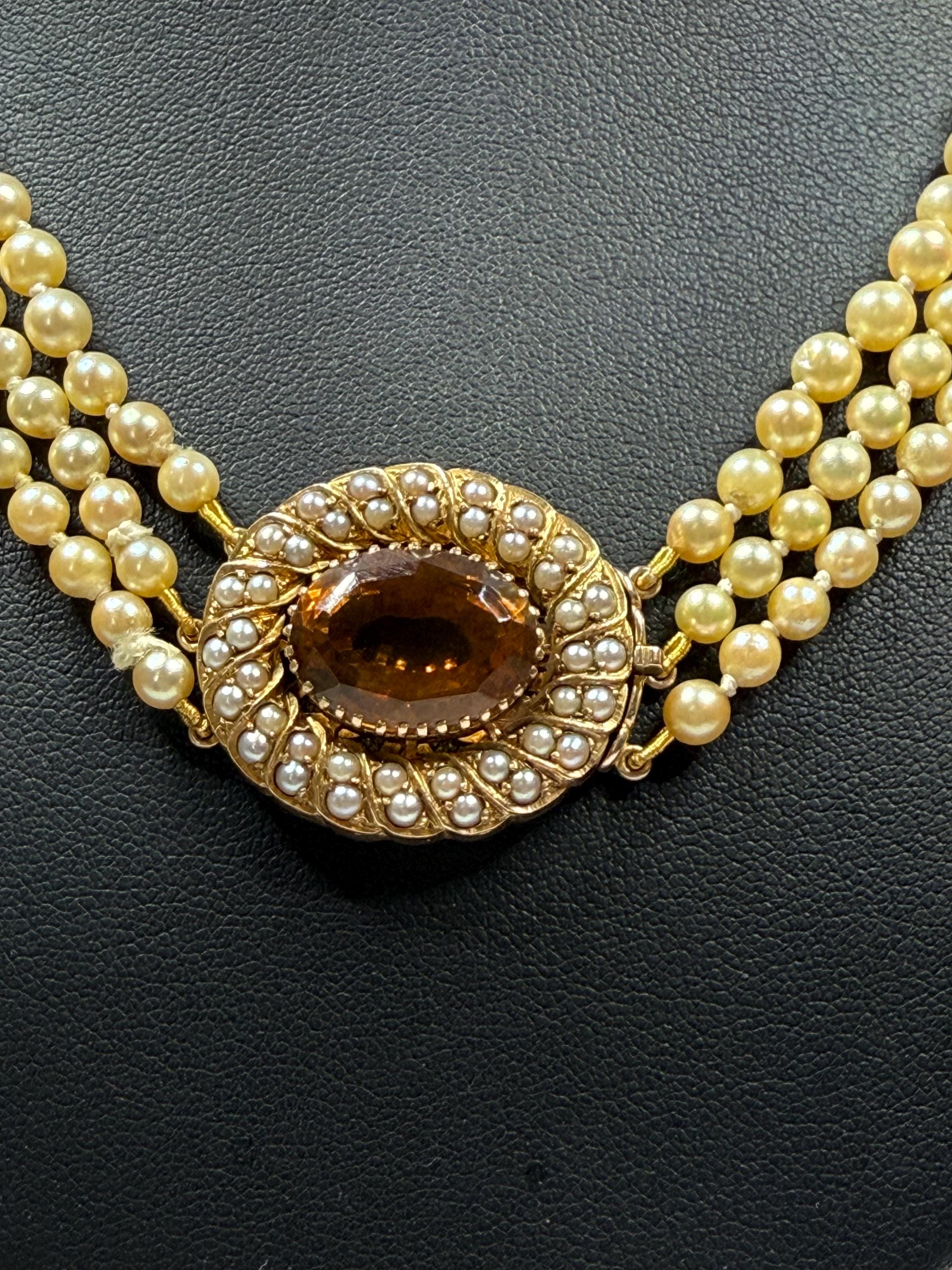 Vintage 1960s Triple Strand Akoya Pearl Necklace – 9ct Gold Citrine Clasp - N139