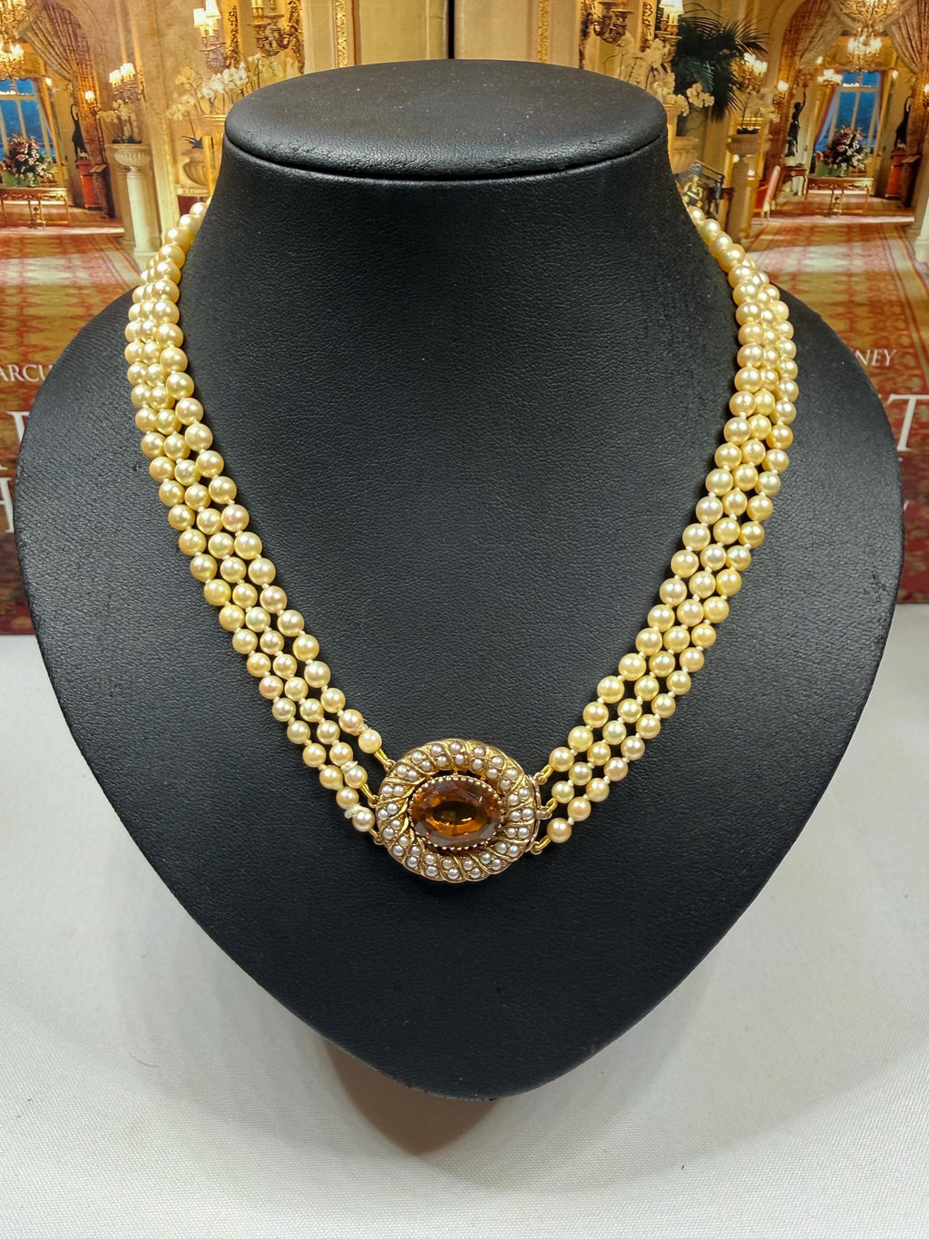 Vintage 1960s Triple Strand Akoya Pearl Necklace – 9ct Gold Citrine Clasp - N139