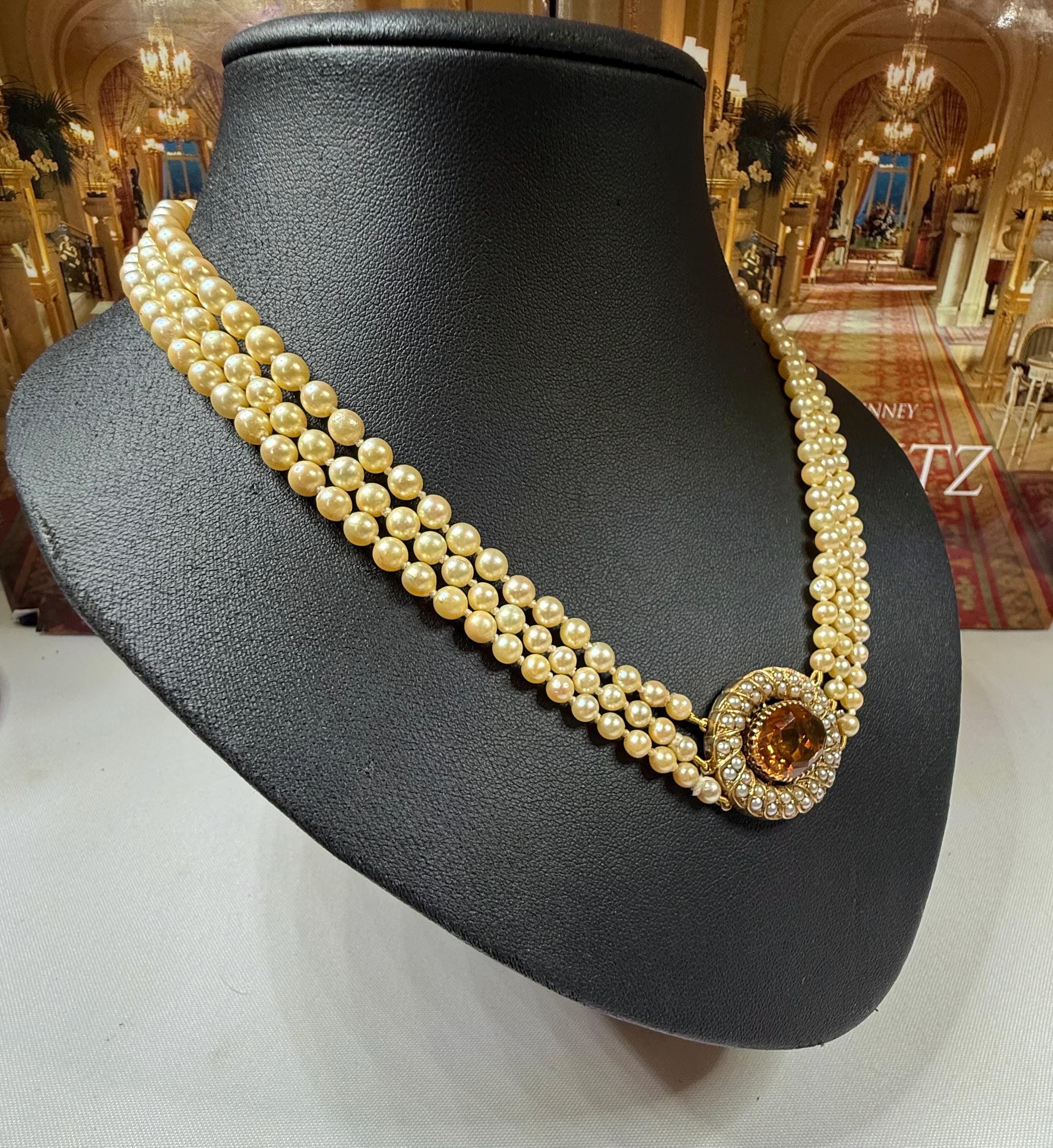 Vintage 1960s Triple Strand Akoya Pearl Necklace – 9ct Gold Citrine Clasp - N139