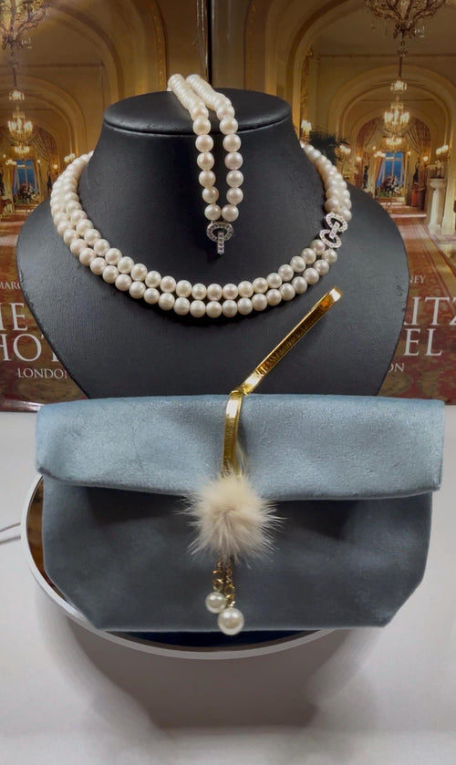 Freshwater Pearl Necklace Bracelet Set - Silver Cubic Zirconia Bow Clasp