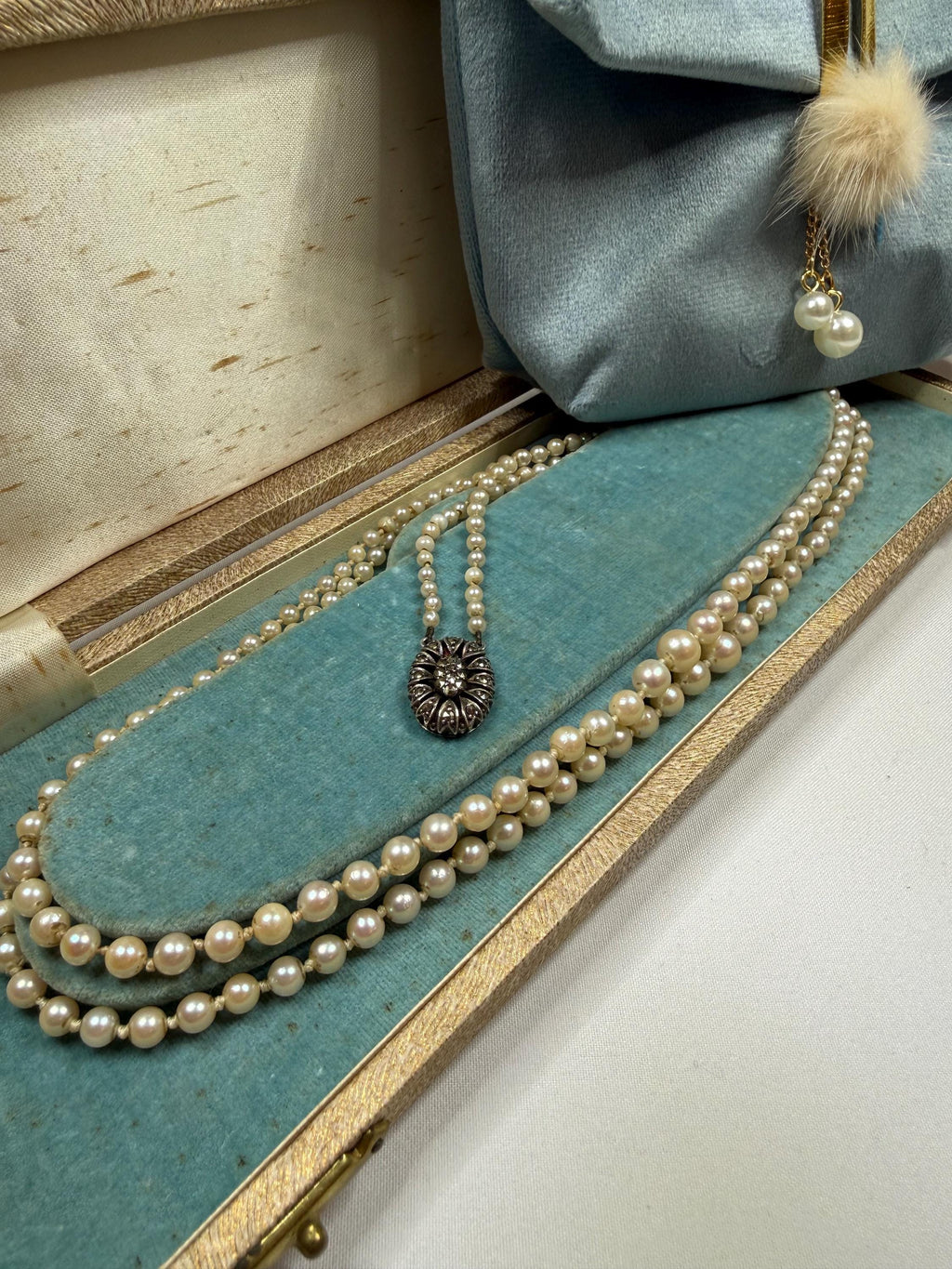 Art Deco Graduated Double Strand Japanese Akoya Saltwater Pearl Necklace Silver Marcasite Clasp -N146