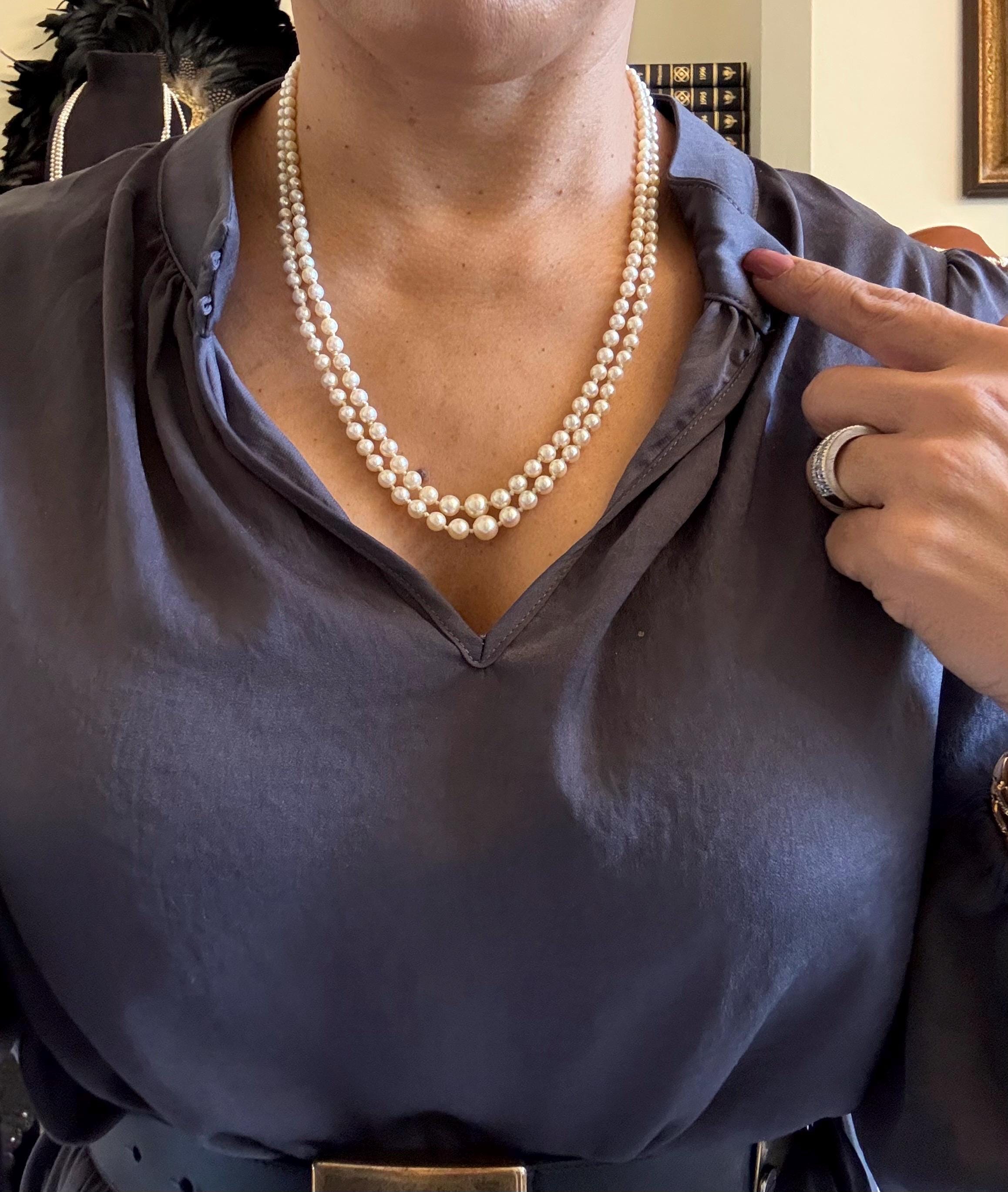 Art Deco Graduated Double Strand Japanese Akoya Saltwater Pearl Necklace Silver Marcasite Clasp -N146