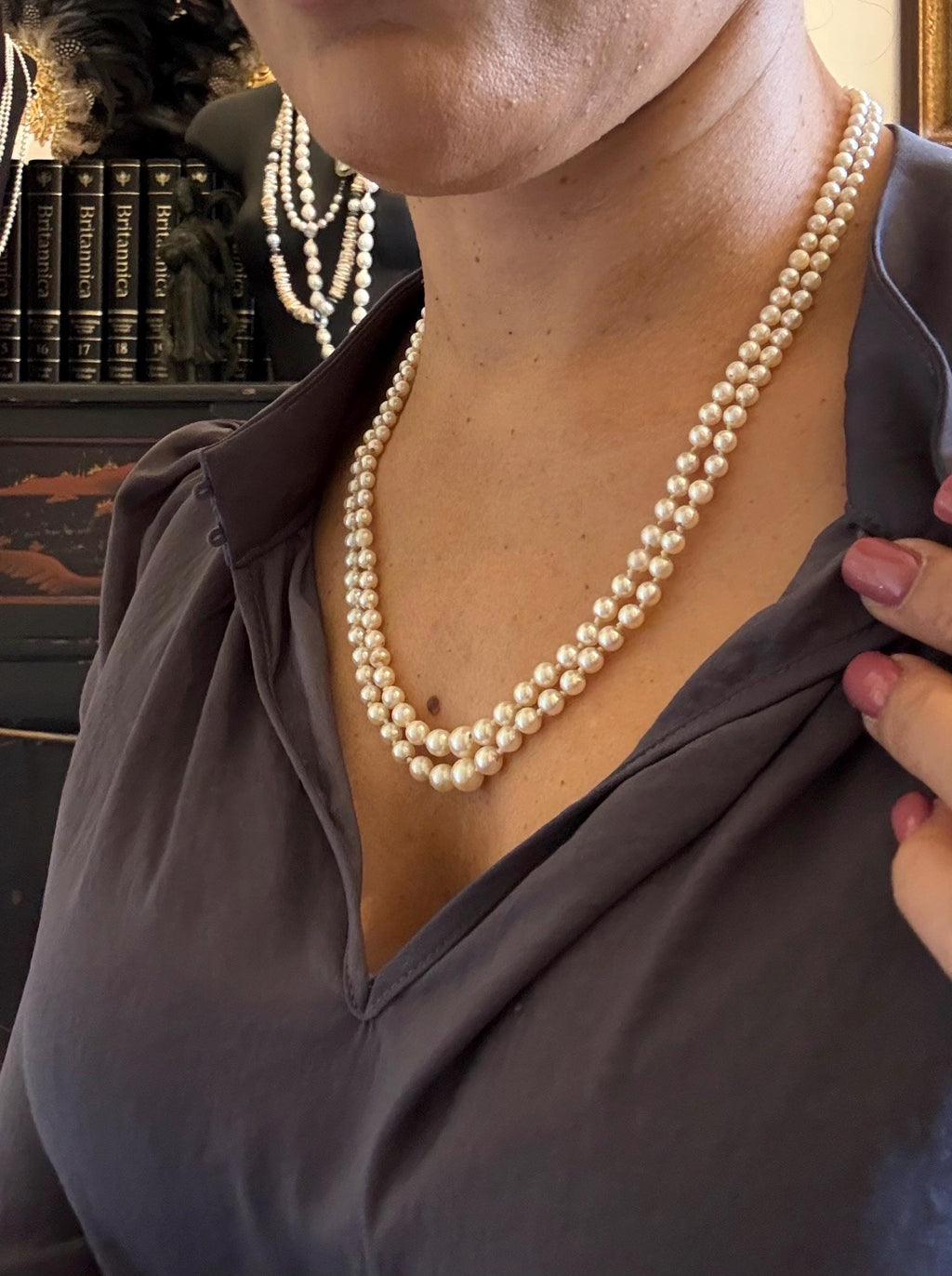 Art Deco Graduated Double Strand Japanese Akoya Saltwater Pearl Necklace Silver Marcasite Clasp -N146