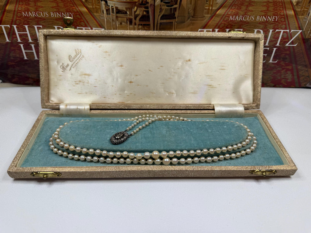 Art Deco Graduated Double Strand Japanese Akoya Saltwater Pearl Necklace Silver Marcasite Clasp -N146