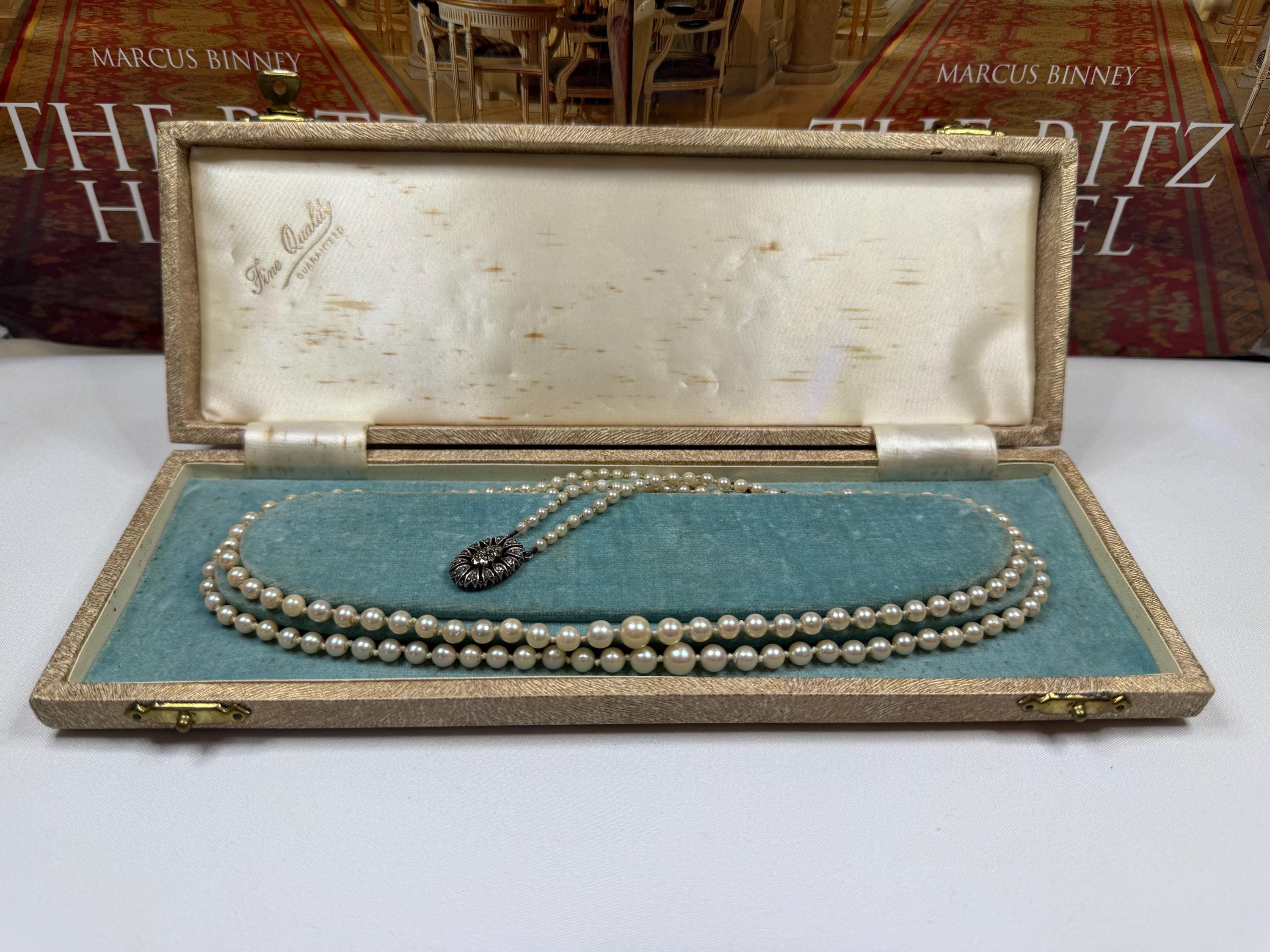Art Deco Graduated Double Strand Japanese Akoya Saltwater Pearl Necklace Silver Marcasite Clasp -N146