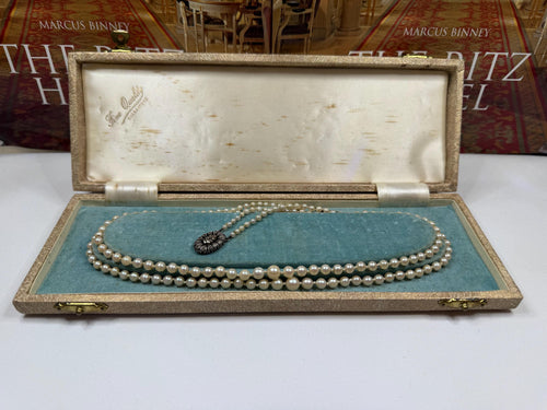 Art Deco Graduated Double Strand Japanese Akoya Saltwater Pearl Necklace Silver Marcasite Clasp -N146