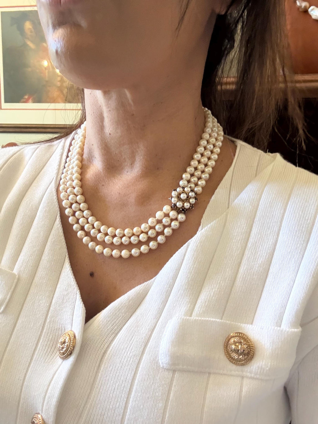 Vintage 1960’s 9ct Gold Garnet Japanese Akoya Pearl Triple Strand Necklace- N167C