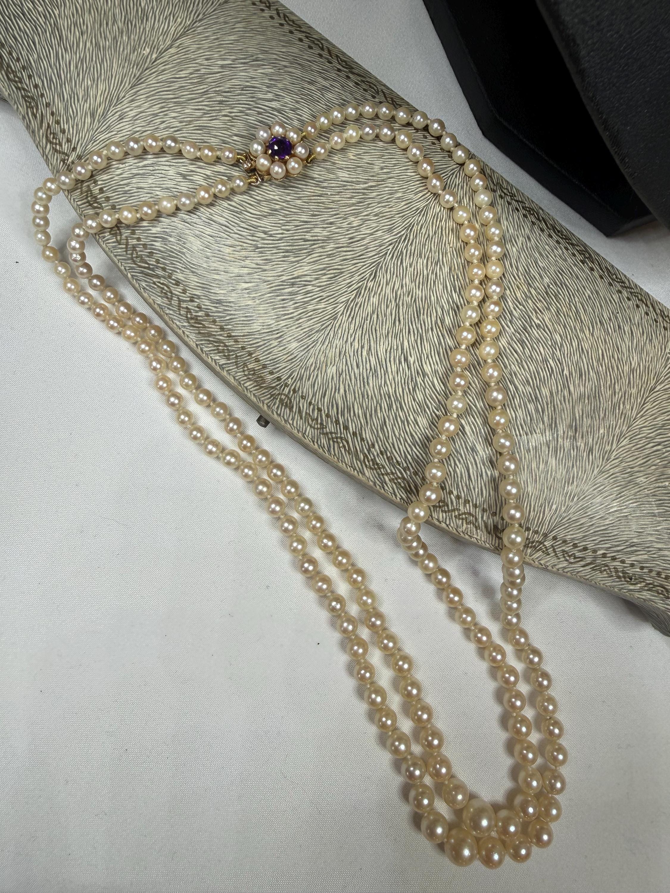 Vintage 1964 Graduated Saltwater Akoya Pearl Necklace 9ct Gold Amethyst Clasp - N151