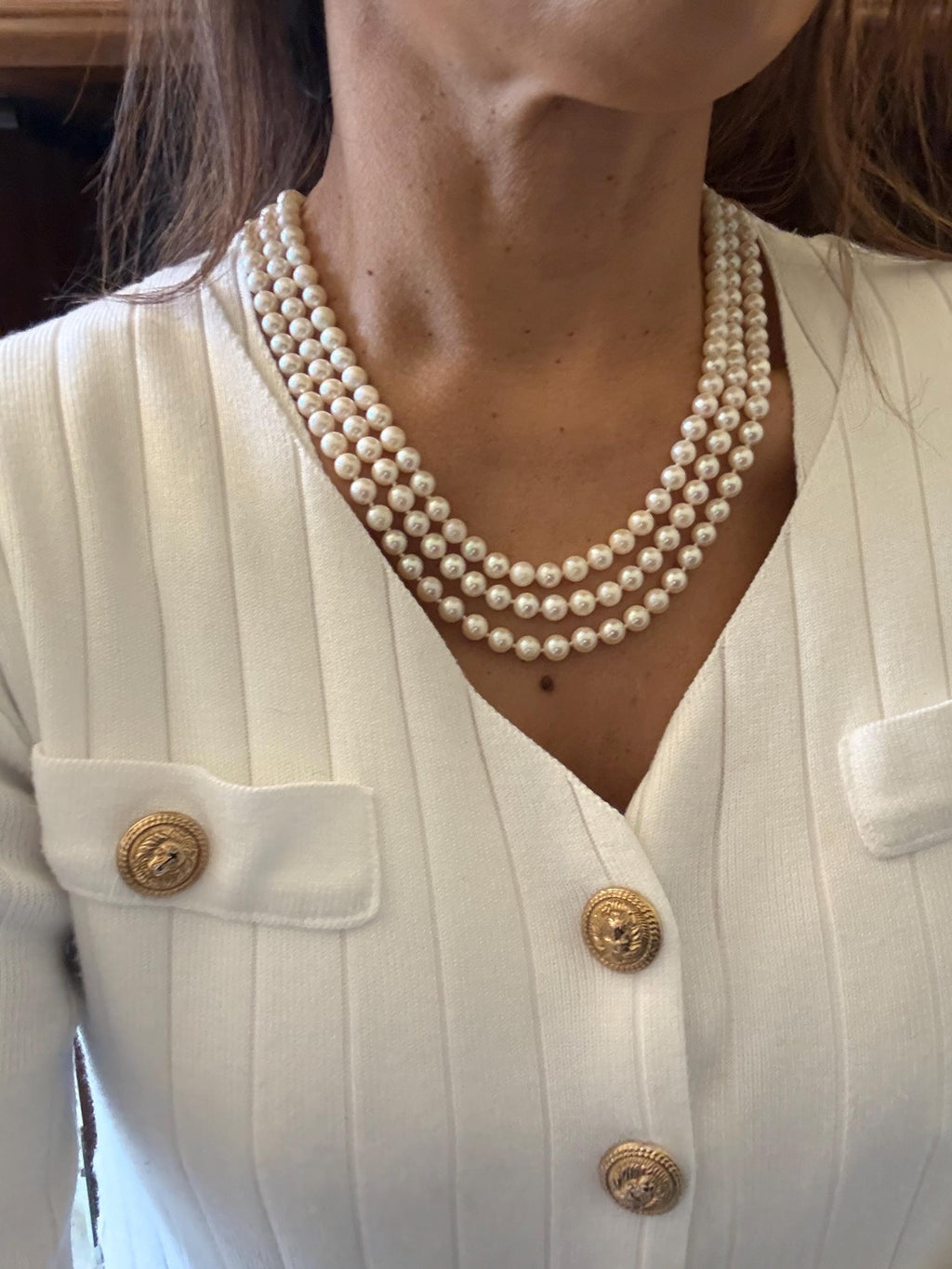 Vintage 1960’s 9ct Gold Garnet Japanese Akoya Pearl Triple Strand Necklace- N167C