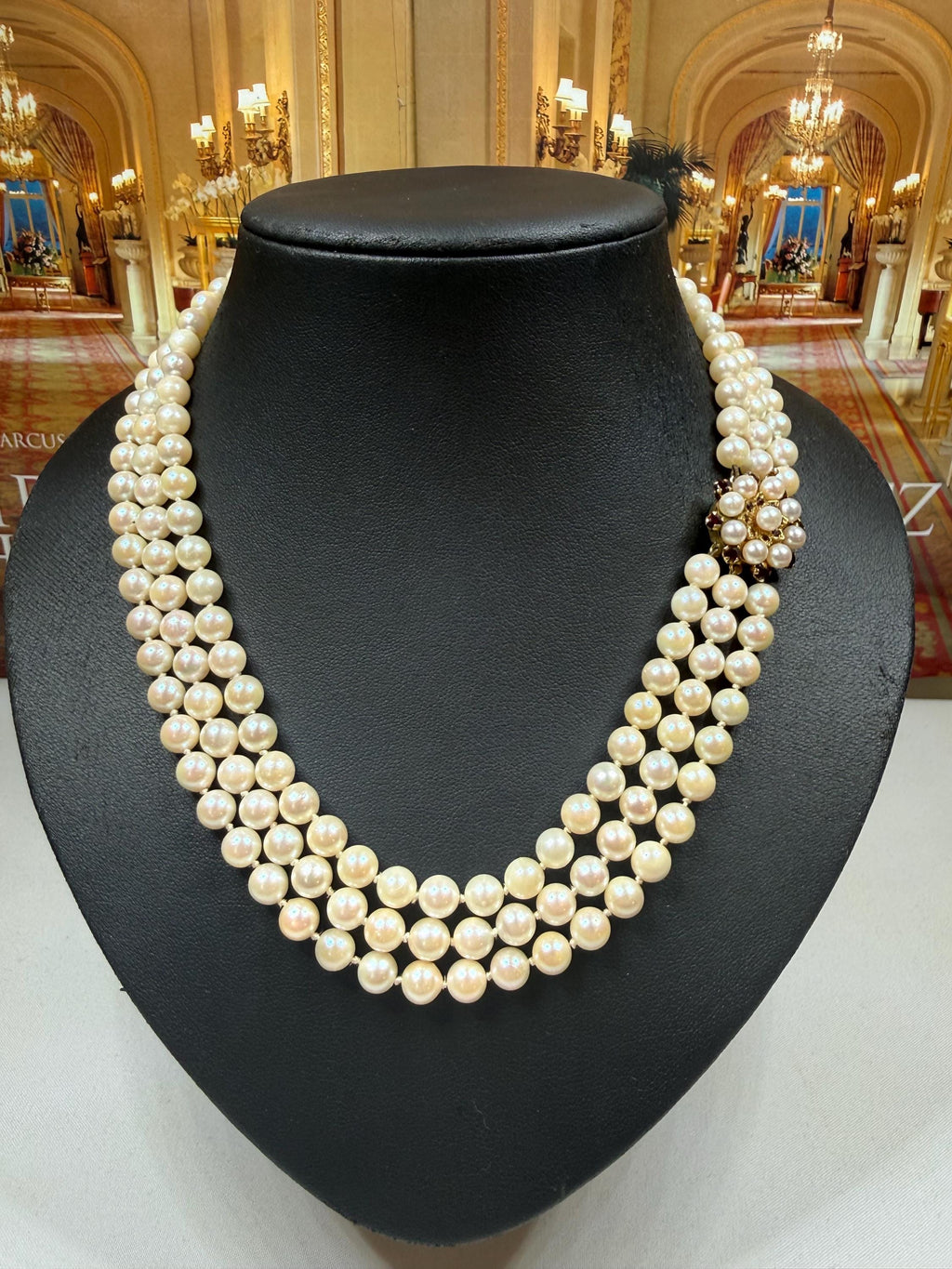 Vintage 1960’s 9ct Gold Garnet Japanese Akoya Pearl Triple Strand Necklace- N167C