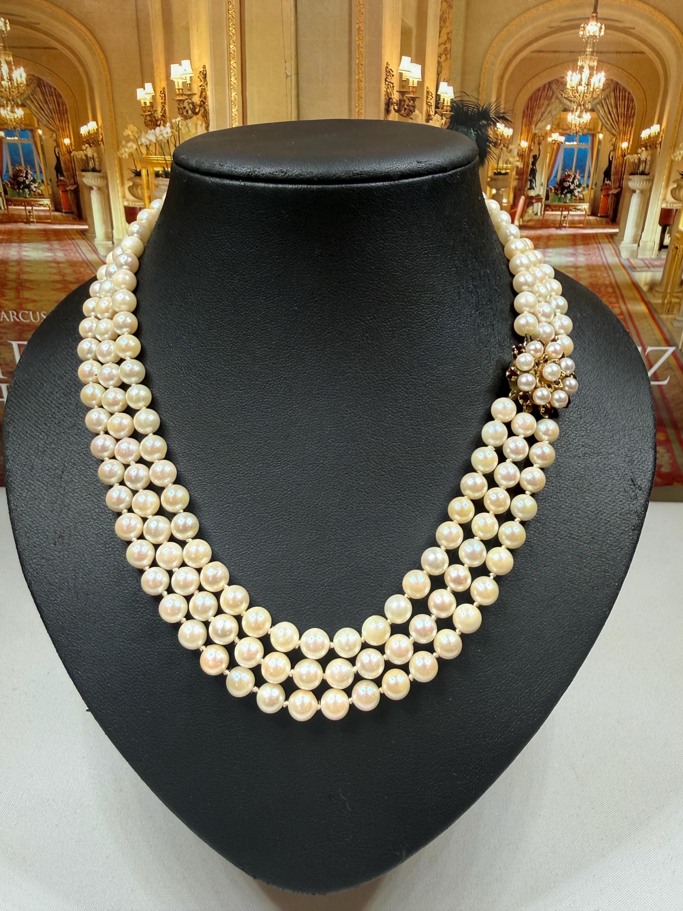 Vintage 1960’s 9ct Gold Garnet Japanese Akoya Pearl Triple Strand Necklace- N167C