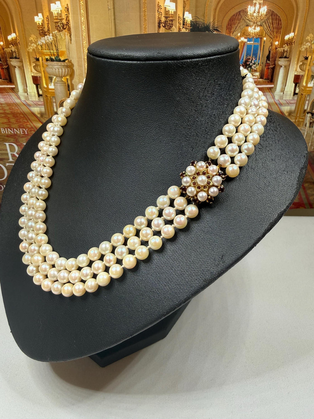 Vintage 1960’s 9ct Gold Garnet Japanese Akoya Pearl Triple Strand Necklace- N167C