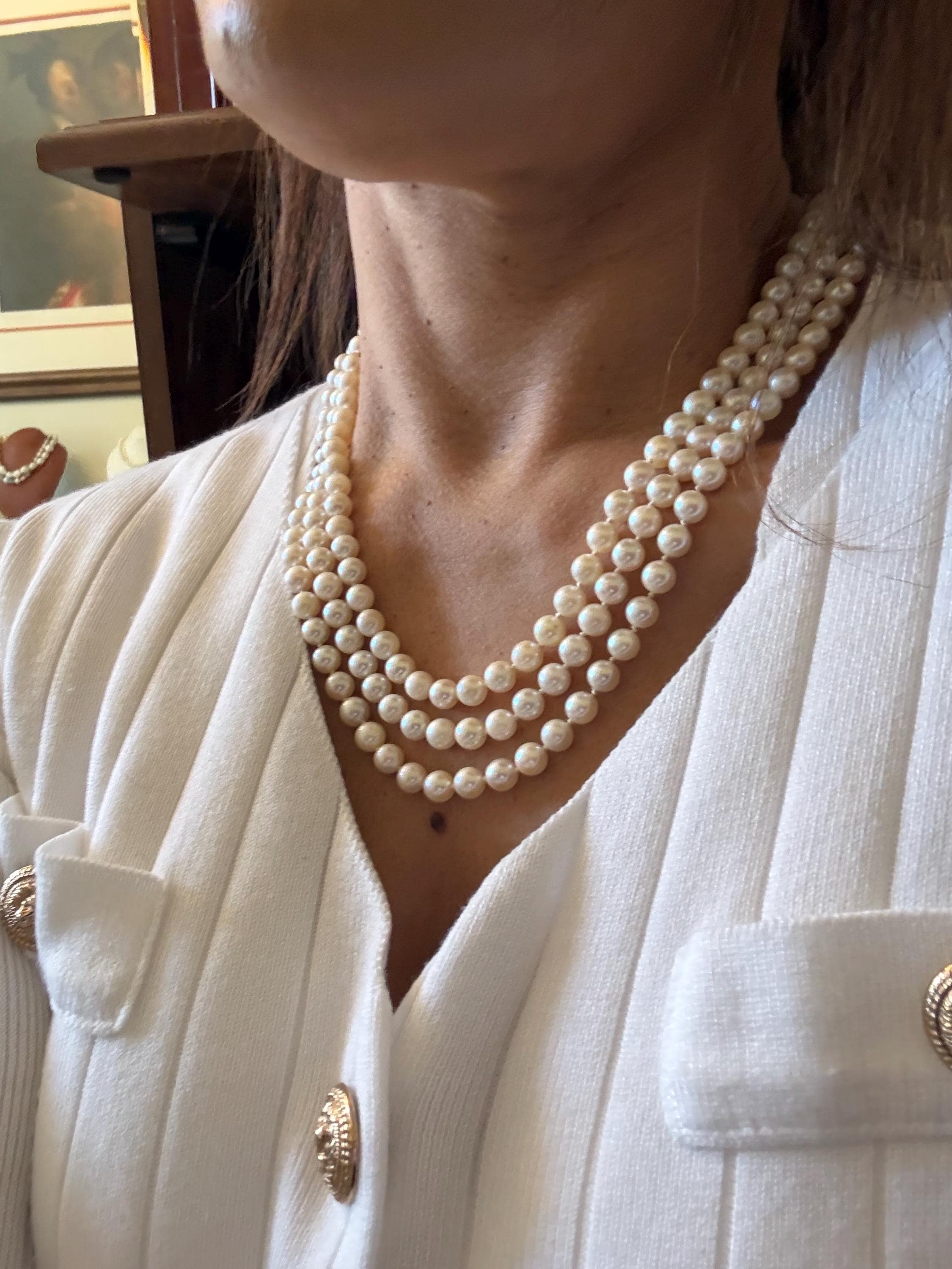 Vintage 1960’s 9ct Gold Garnet Japanese Akoya Pearl Triple Strand Necklace- N167C