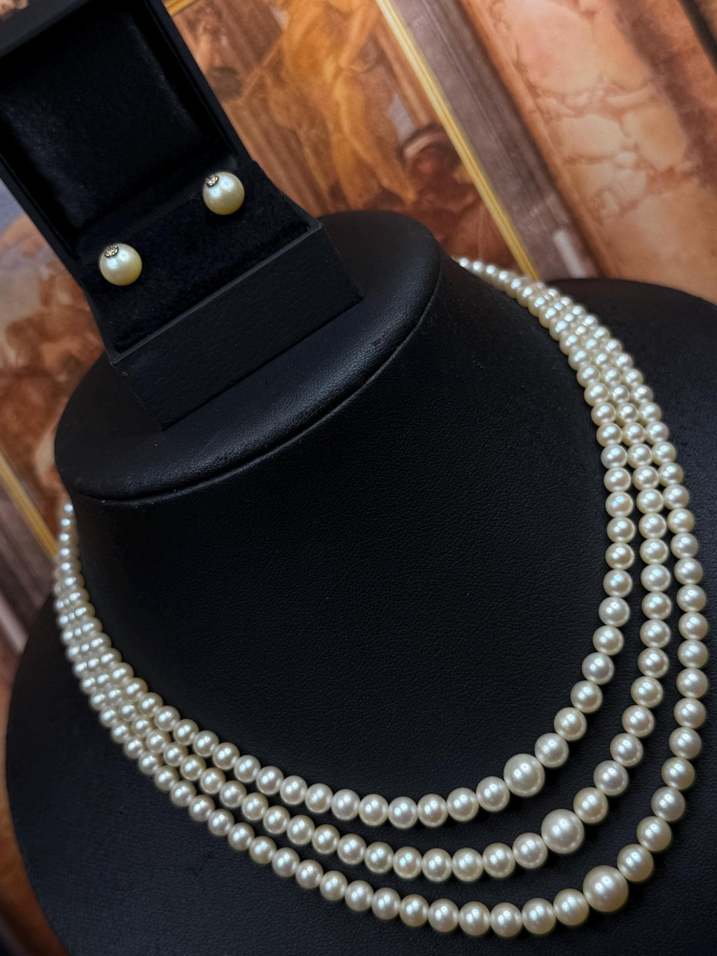 Antique 9ct Gold Diamond Japanese Graduated Akoya Pearl Triple Strand Necklace and Earrings with Original Box - N173