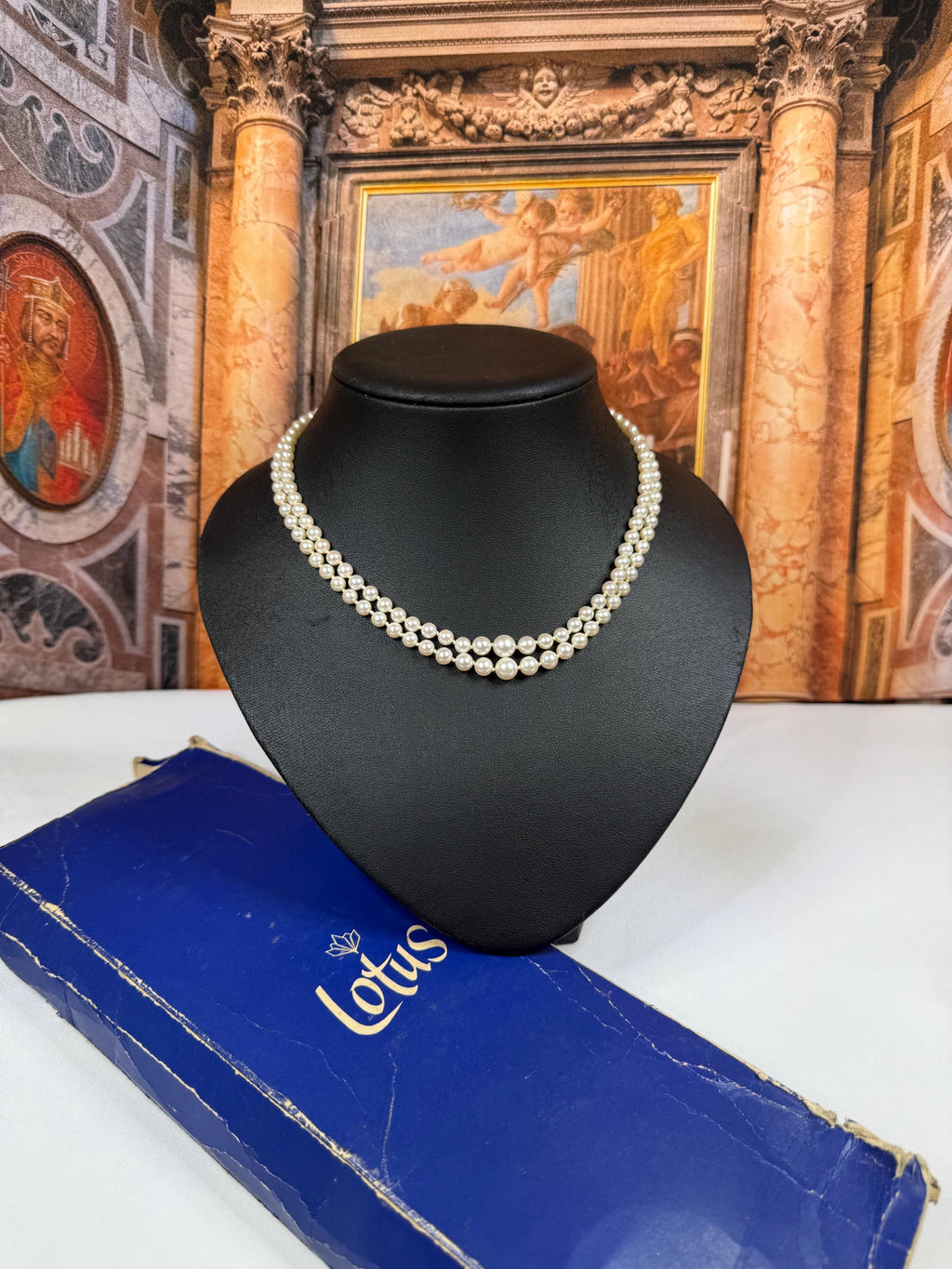 Vintage 9ct Gold Diamond 60s Graduated Japanese Akoya Saltwater Pearl Double Strand Necklace with Original Box - N174
