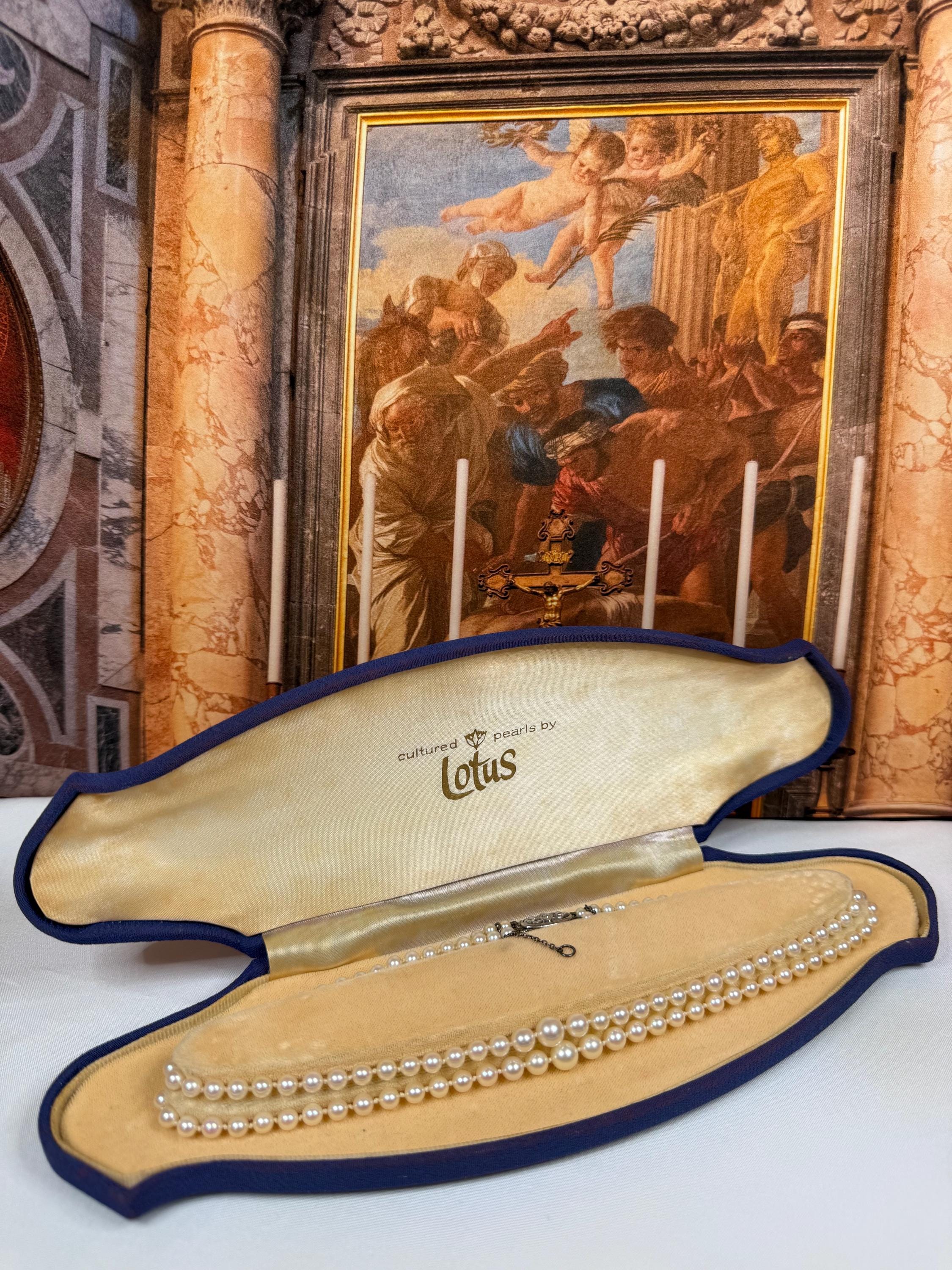 Vintage 9ct Gold Diamond 60s Graduated Japanese Akoya Saltwater Pearl Double Strand Necklace with Original Box - N174