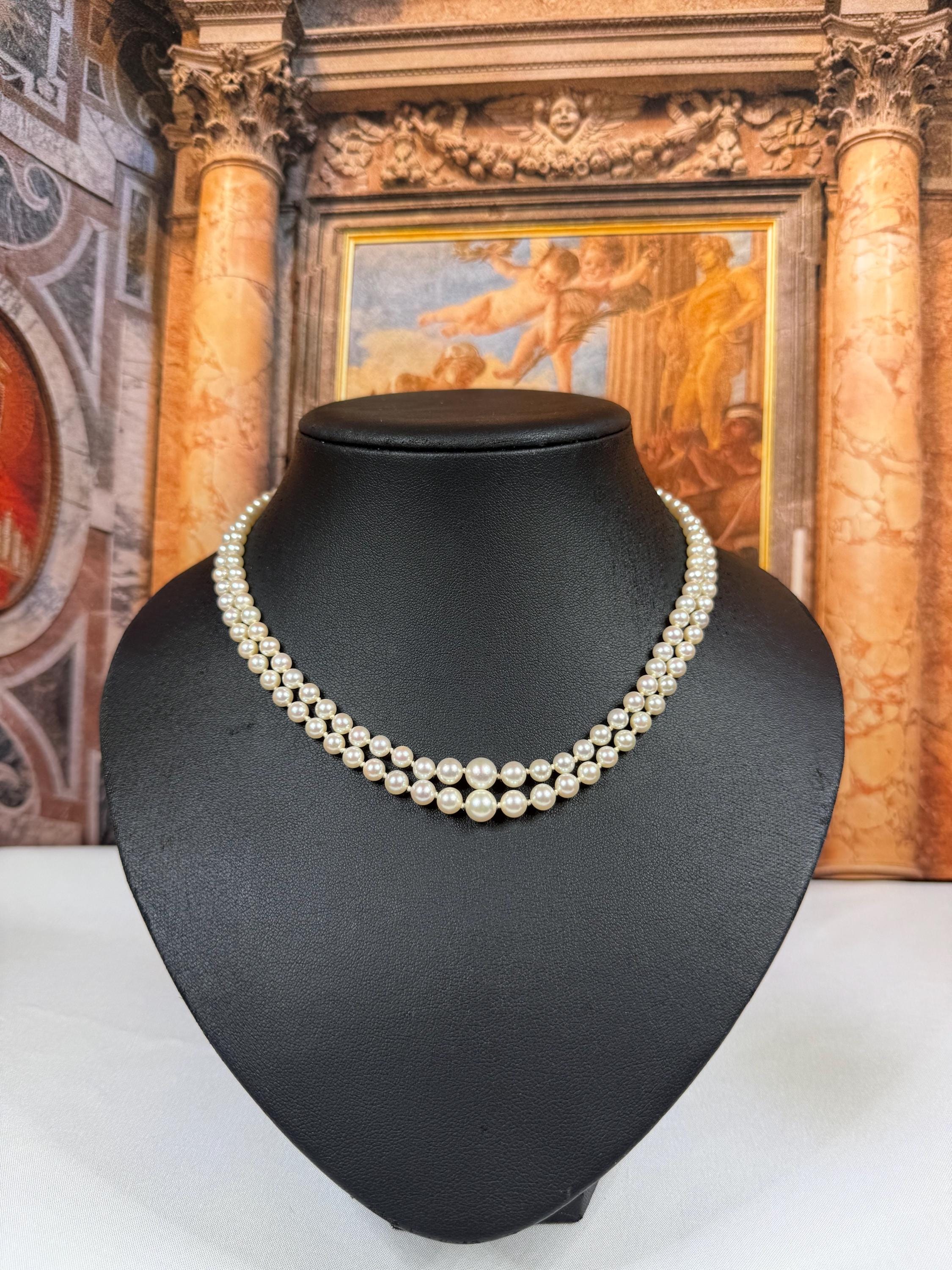 Vintage 9ct Gold Diamond 60s Graduated Japanese Akoya Saltwater Pearl Double Strand Necklace with Original Box - N174