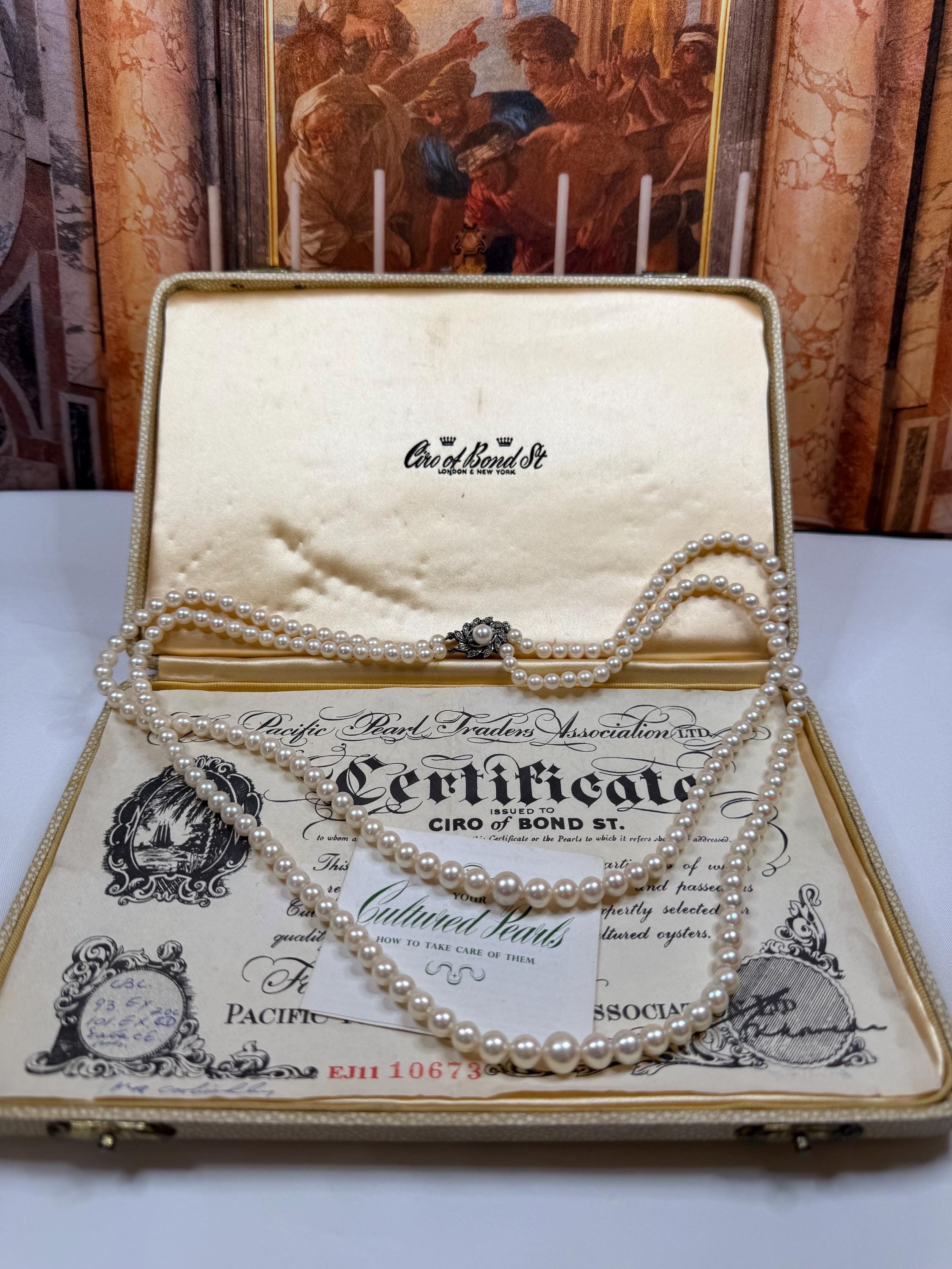Vintage Ciro Saltwater Akoya Pearl Graduated Double Strand Necklace With Original Box and Certificate- N-002