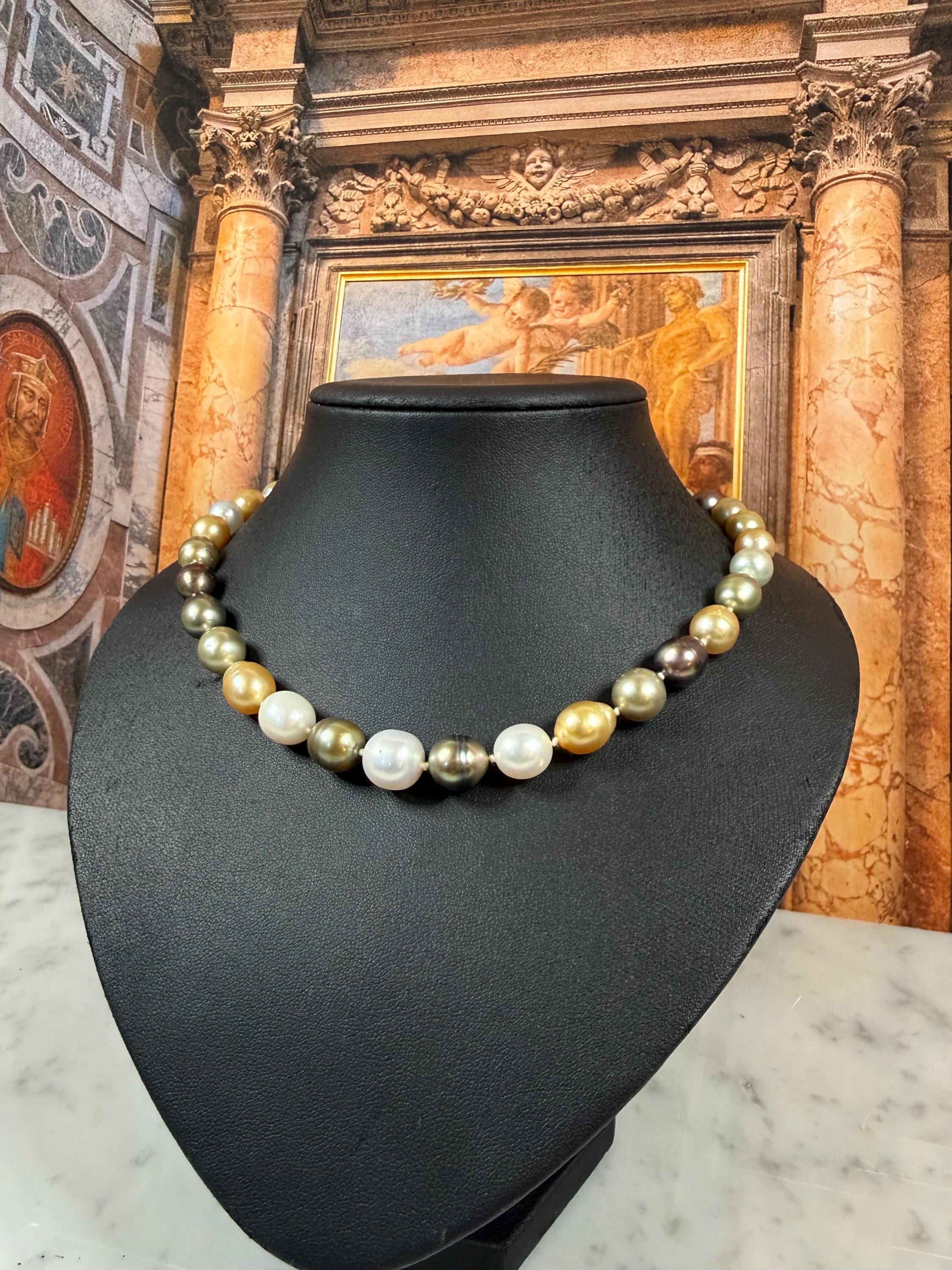 New 14ct Gold and Diamond Multi Hue Golden Tahitian Southsea Pearl  Necklace - N028