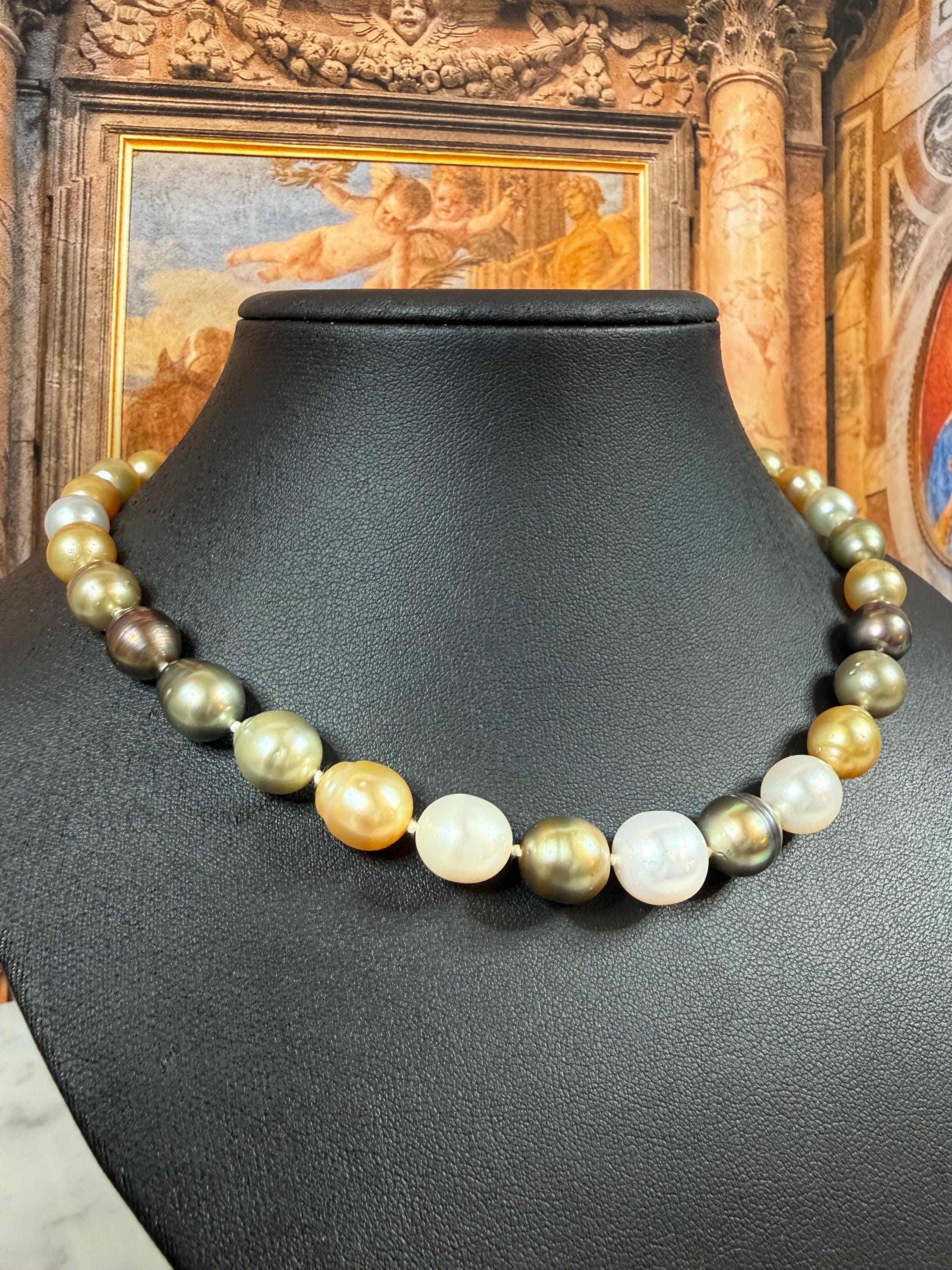 New 14ct Gold and Diamond Multi Hue Golden Tahitian Southsea Pearl  Necklace - N028
