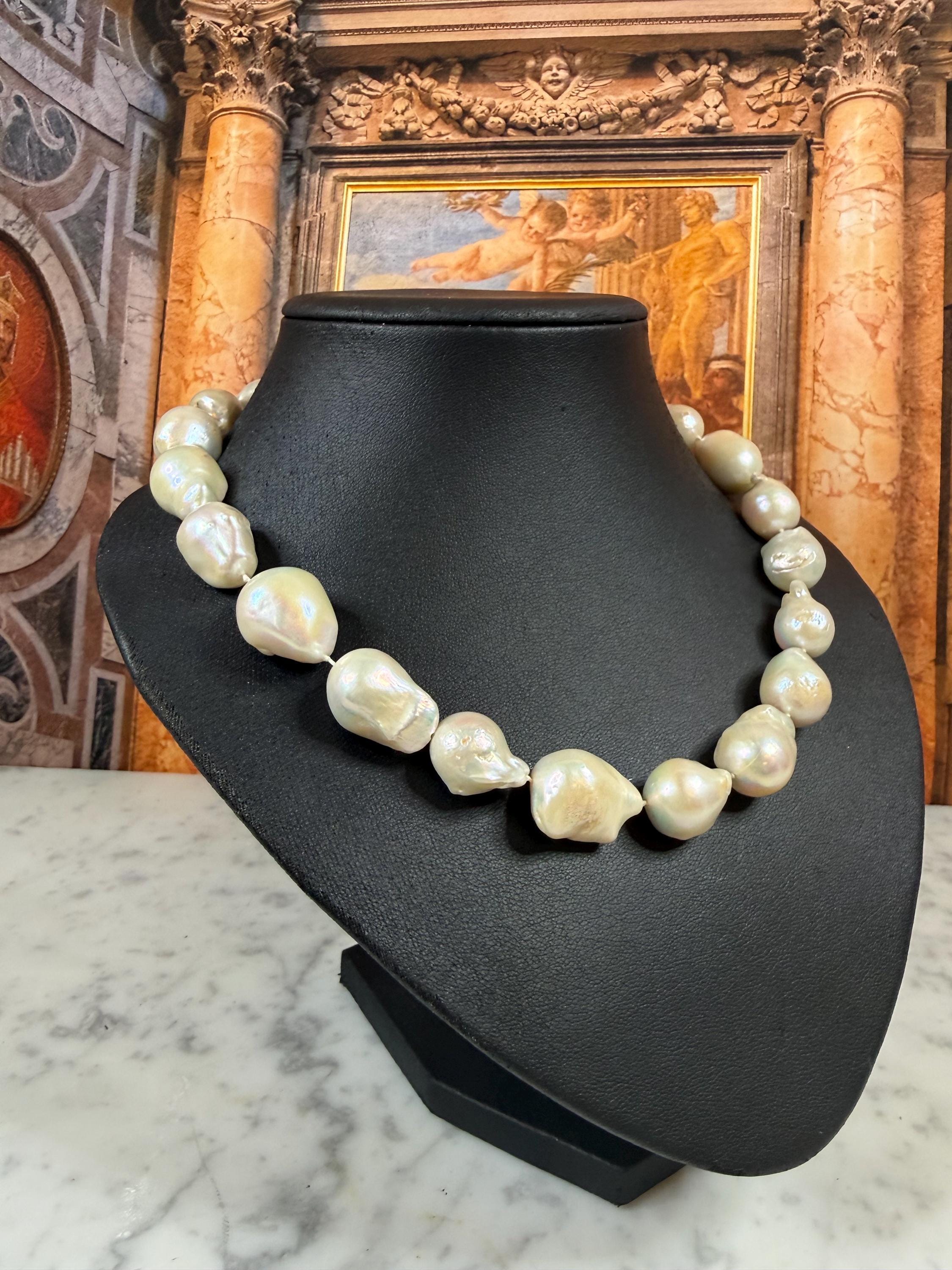 Huge Glamorous Real Baroque Freshwater Pearl Necklace Silver Clasp - N-166