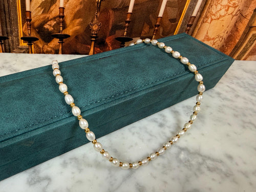 18Ct Yellow Gold Bead and Freshwater Pearl Necklace- N-078