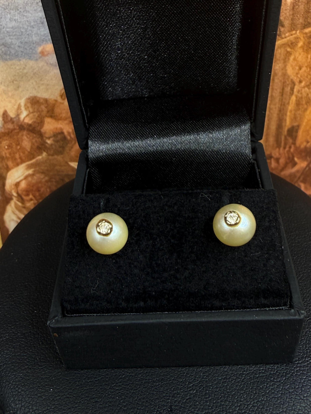 Antique 9ct Gold Diamond Japanese Graduated Akoya Pearl Triple Strand Necklace and Earrings with Original Box - N173