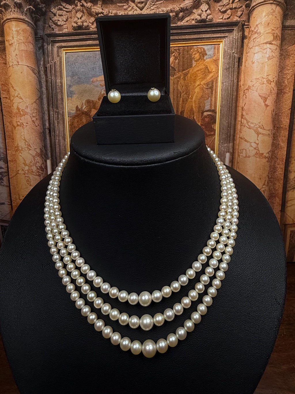 Antique 9ct Gold Diamond Japanese Graduated Akoya Pearl Triple Strand Necklace and Earrings with Original Box - N173