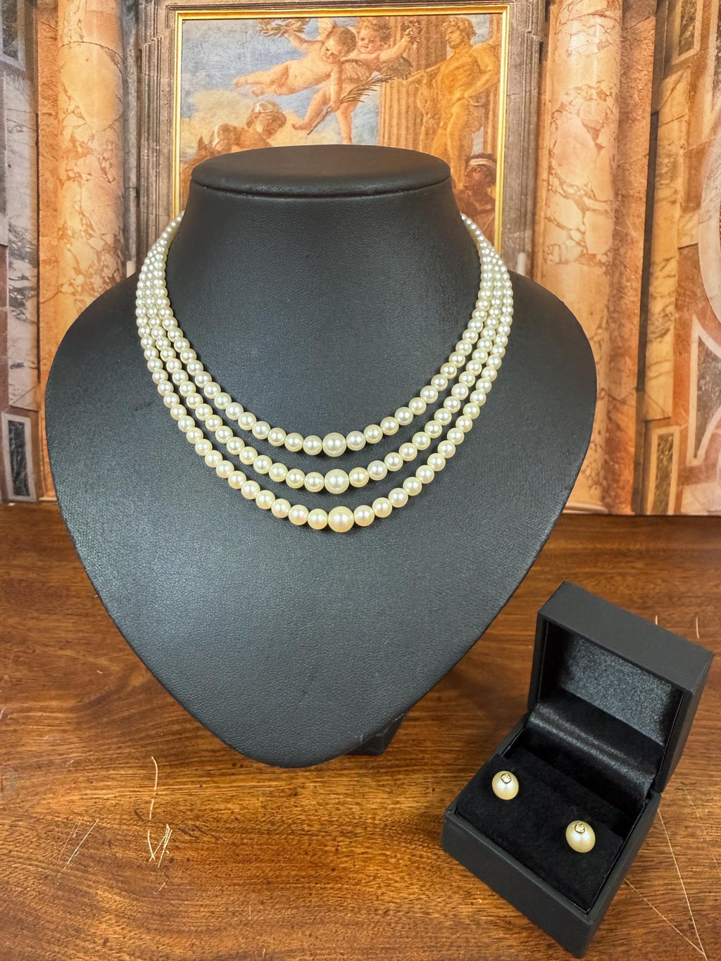 Antique 9ct Gold Diamond Japanese Graduated Akoya Pearl Triple Strand Necklace and Earrings with Original Box - N173