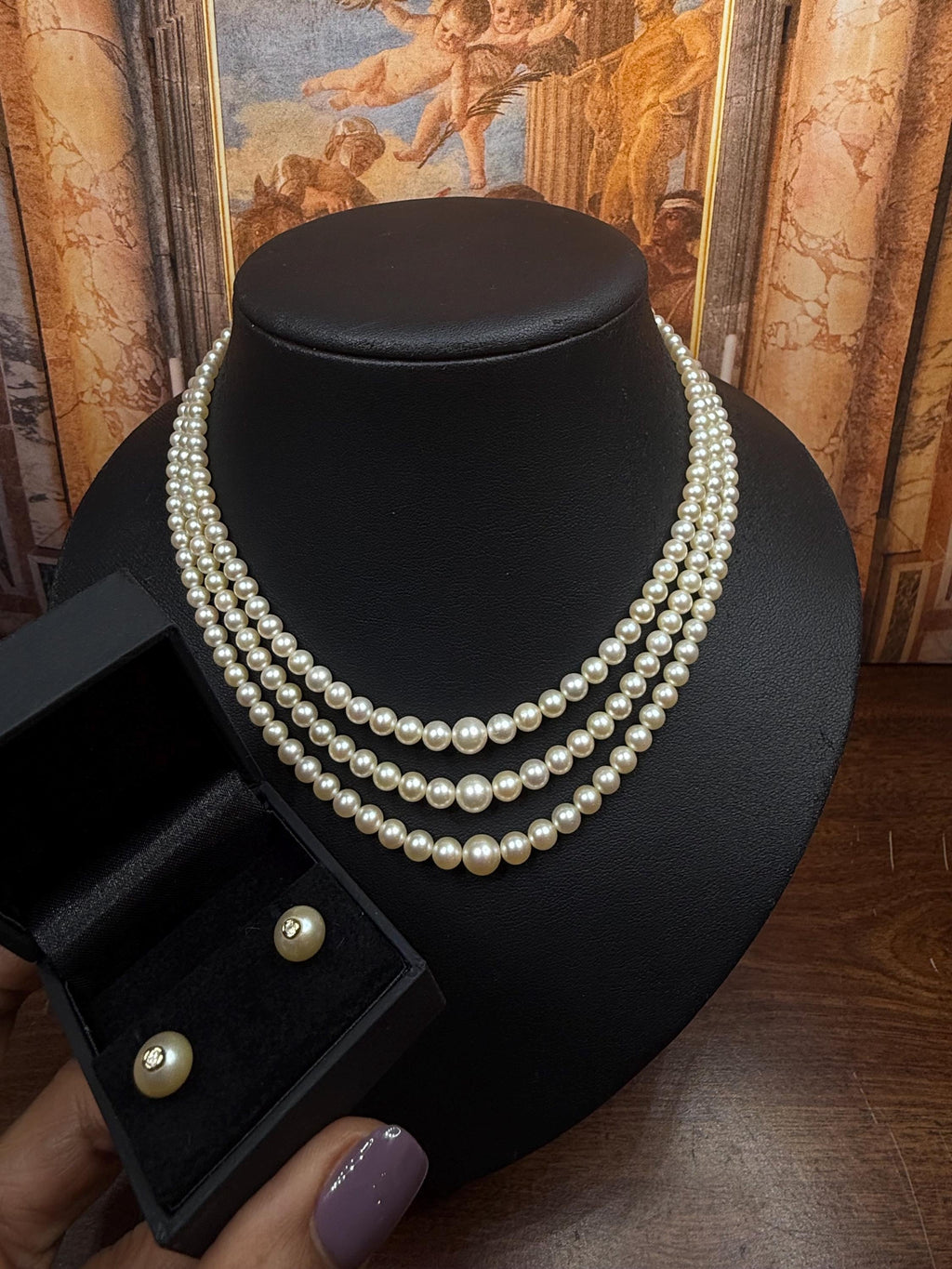 Antique 9ct Gold Diamond Japanese Graduated Akoya Pearl Triple Strand Necklace and Earrings with Original Box - N173