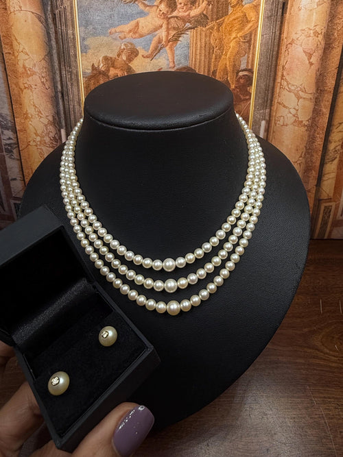 Antique 9ct Gold Diamond Japanese Graduated Akoya Pearl Triple Strand Necklace and Earrings with Original Box - N173