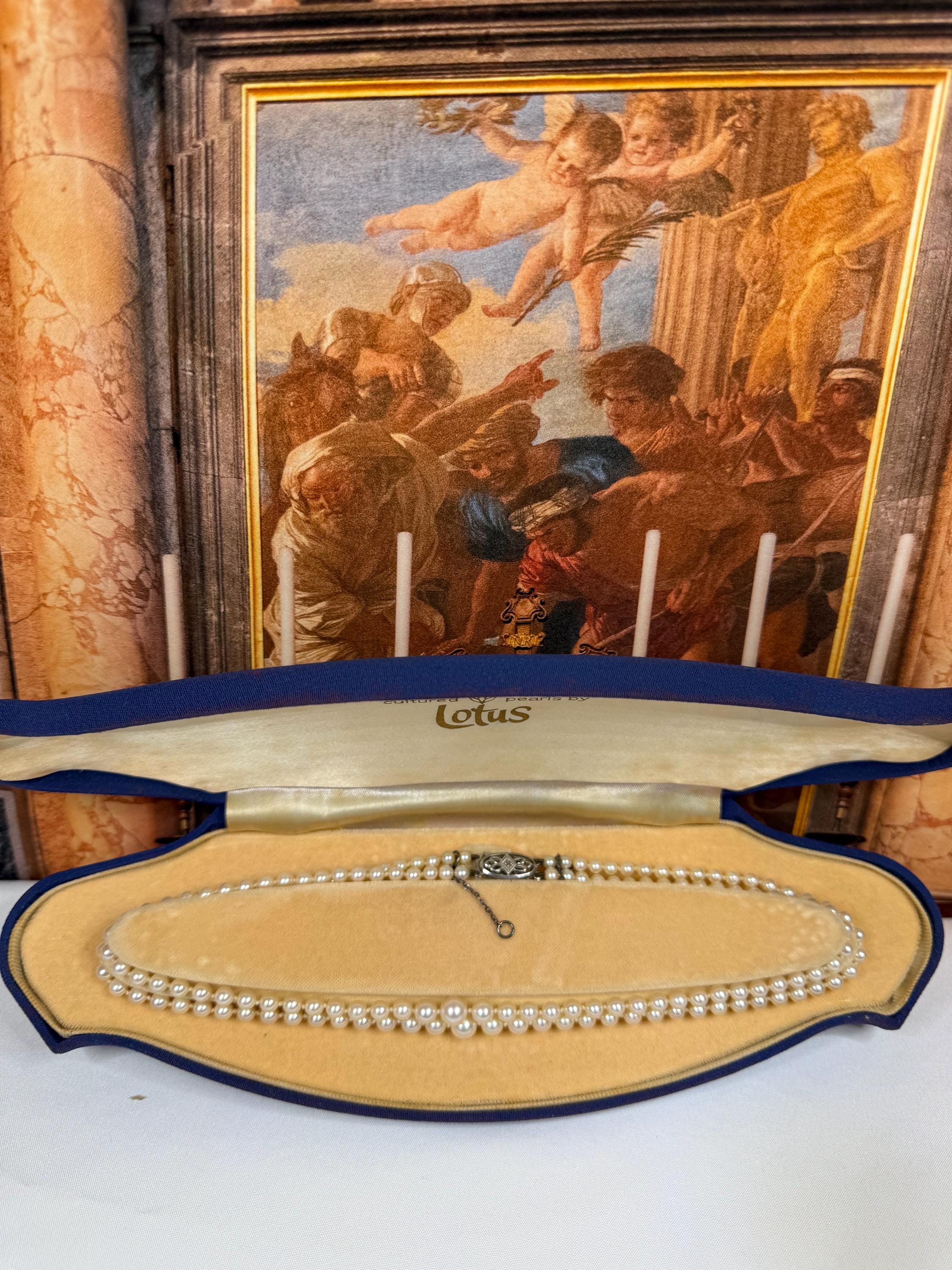 Vintage 9ct Gold Diamond 60s Graduated Japanese Akoya Saltwater Pearl Double Strand Necklace with Original Box - N174