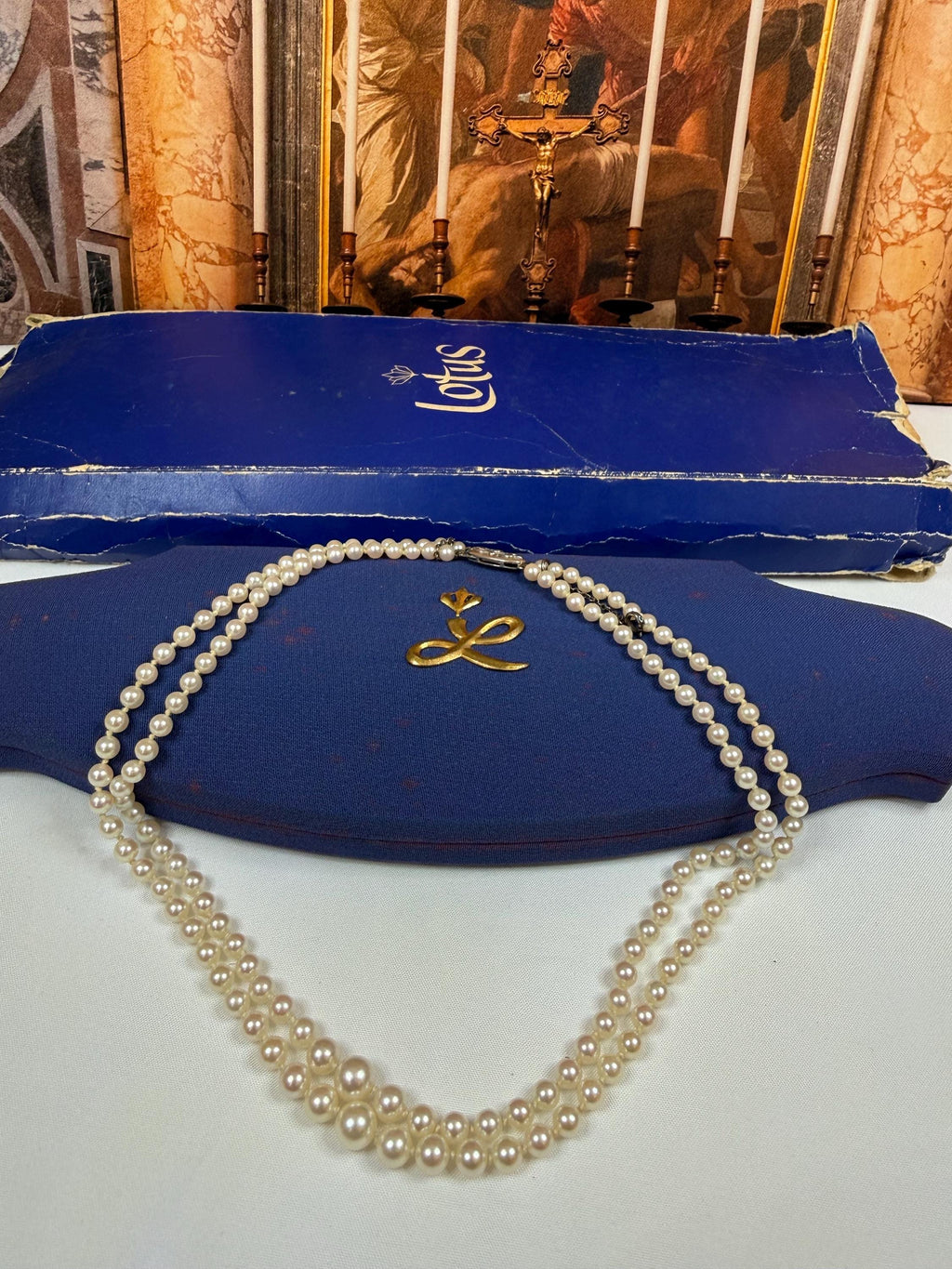 Vintage 9ct Gold Diamond 60s Graduated Japanese Akoya Saltwater Pearl Double Strand Necklace with Original Box - N174